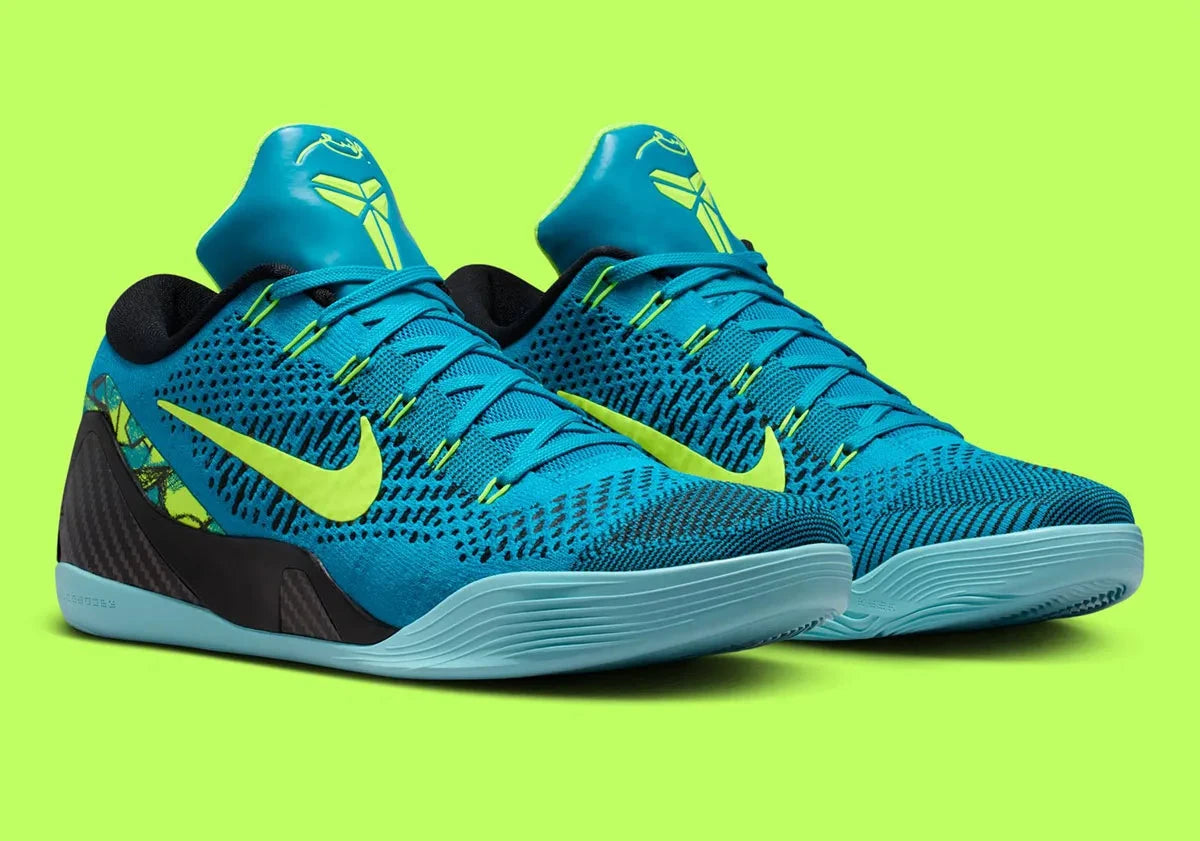 Nike Kobe 9 Elite Low Protro Perspective en Flyknit turquoise et volt avec amorti Protro et renfort talon sculpté.