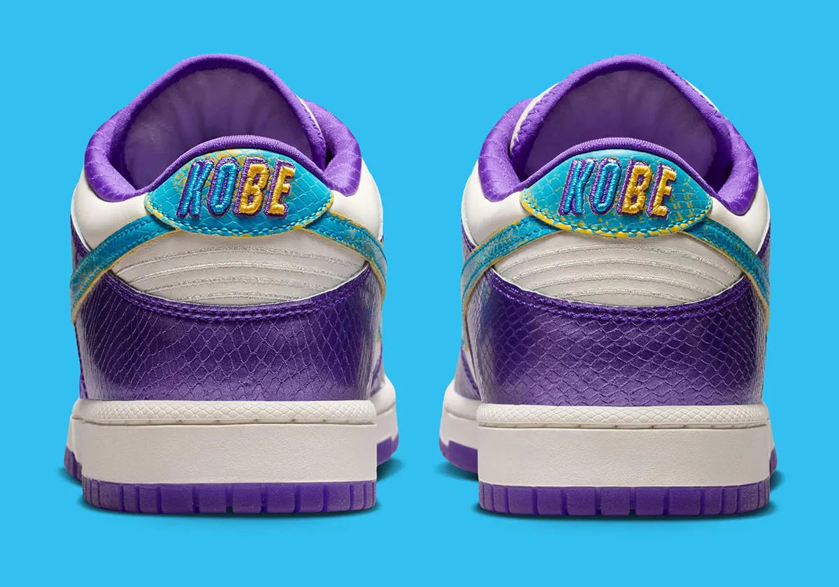 Nike Dunk Low Protro Kobe Bryant Draft Day avec tige en cuir premium, détails exclusifs inspirés de la Draft 1996, construction Protro et semelle extérieure en caoutchouc.