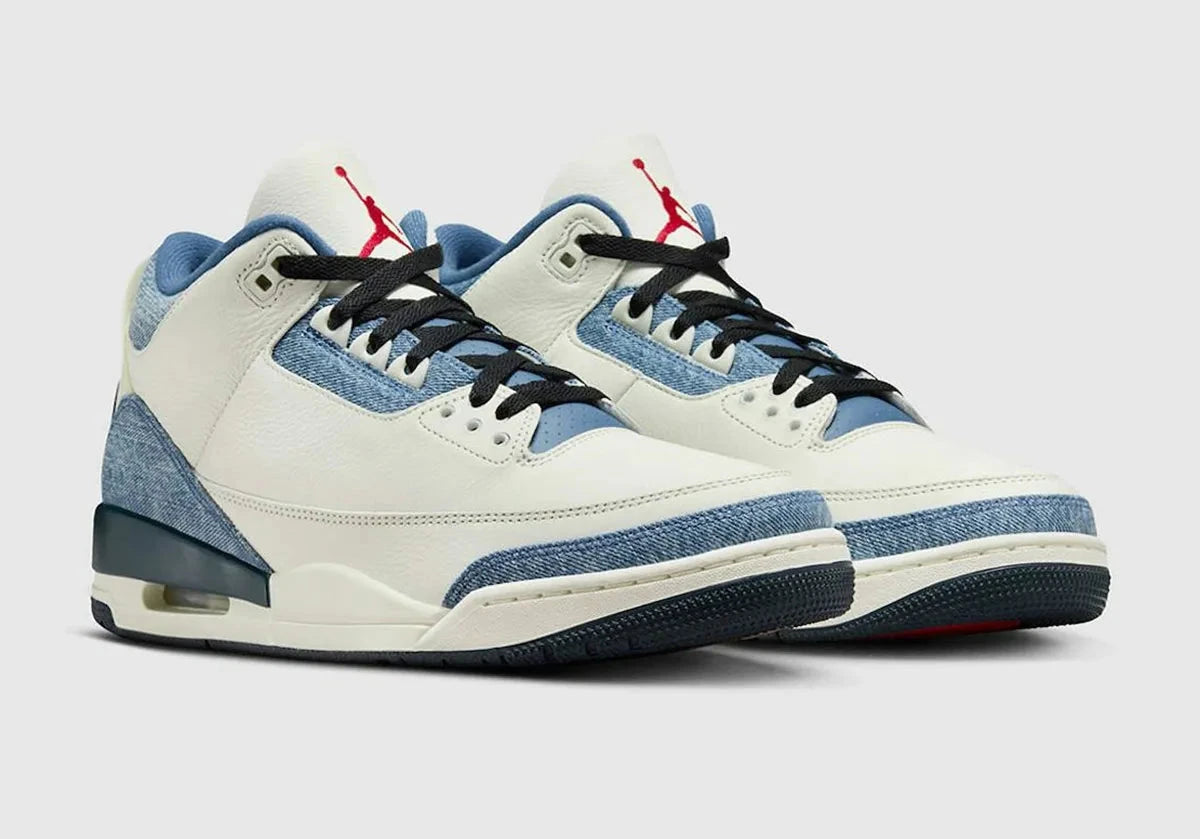 Sneakers Air Jordan 3 Retro en denim premium Levi’s, coloris Blue Denim avec éléments signature et amorti Air visible.