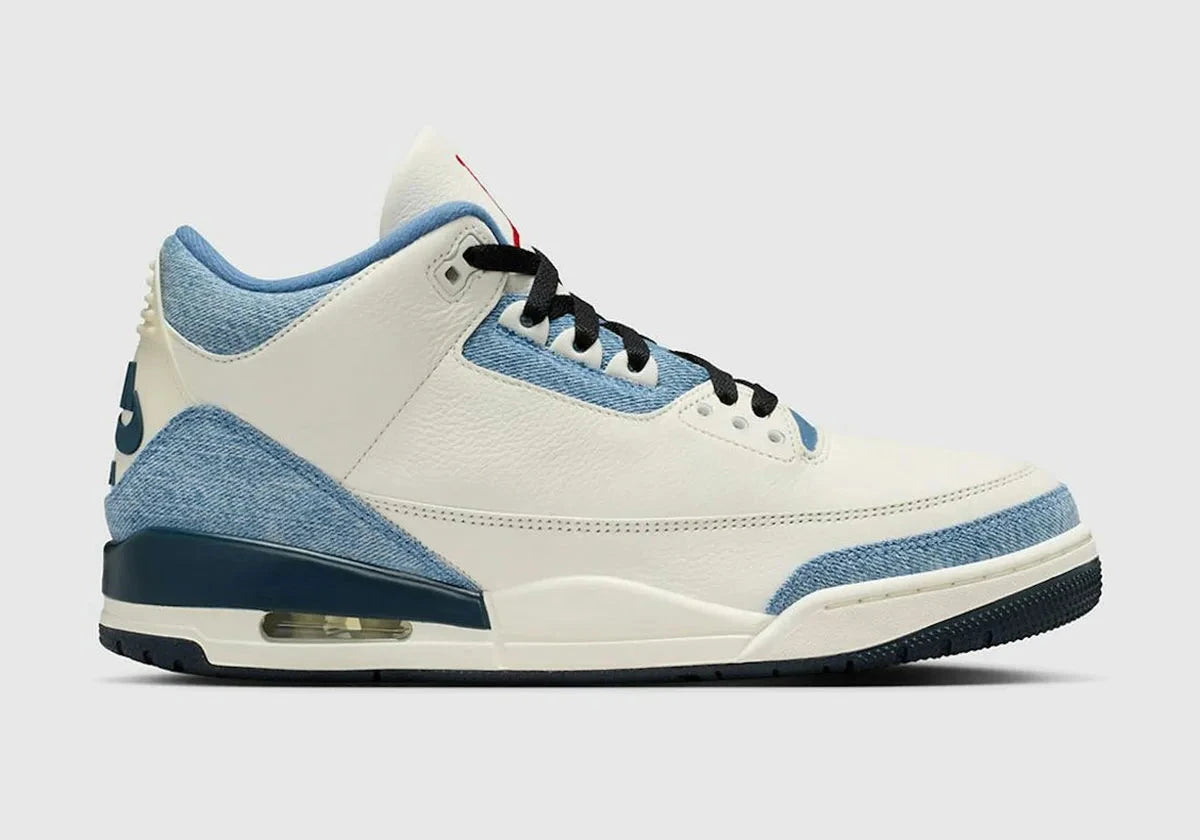 Sneakers Air Jordan 3 Retro en denim premium Levi’s, coloris Blue Denim avec éléments signature et amorti Air visible.