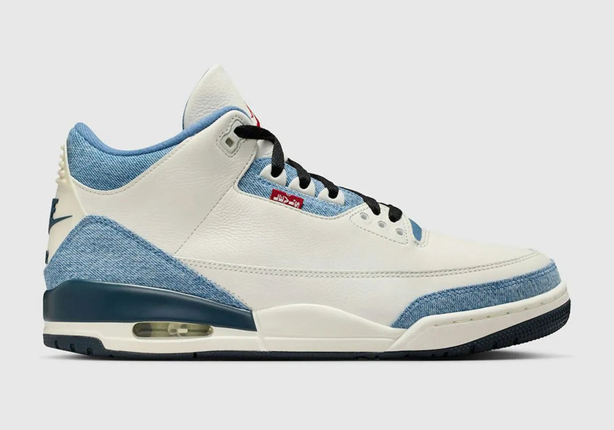 Sneakers Air Jordan 3 Retro en denim premium Levi’s, coloris Blue Denim avec éléments signature et amorti Air visible.