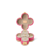Louis Vuitton Blooming Box, boîte à bijoux rigide en toile Monogram marron en forme de fleur avec cuir et serrure S dorée.