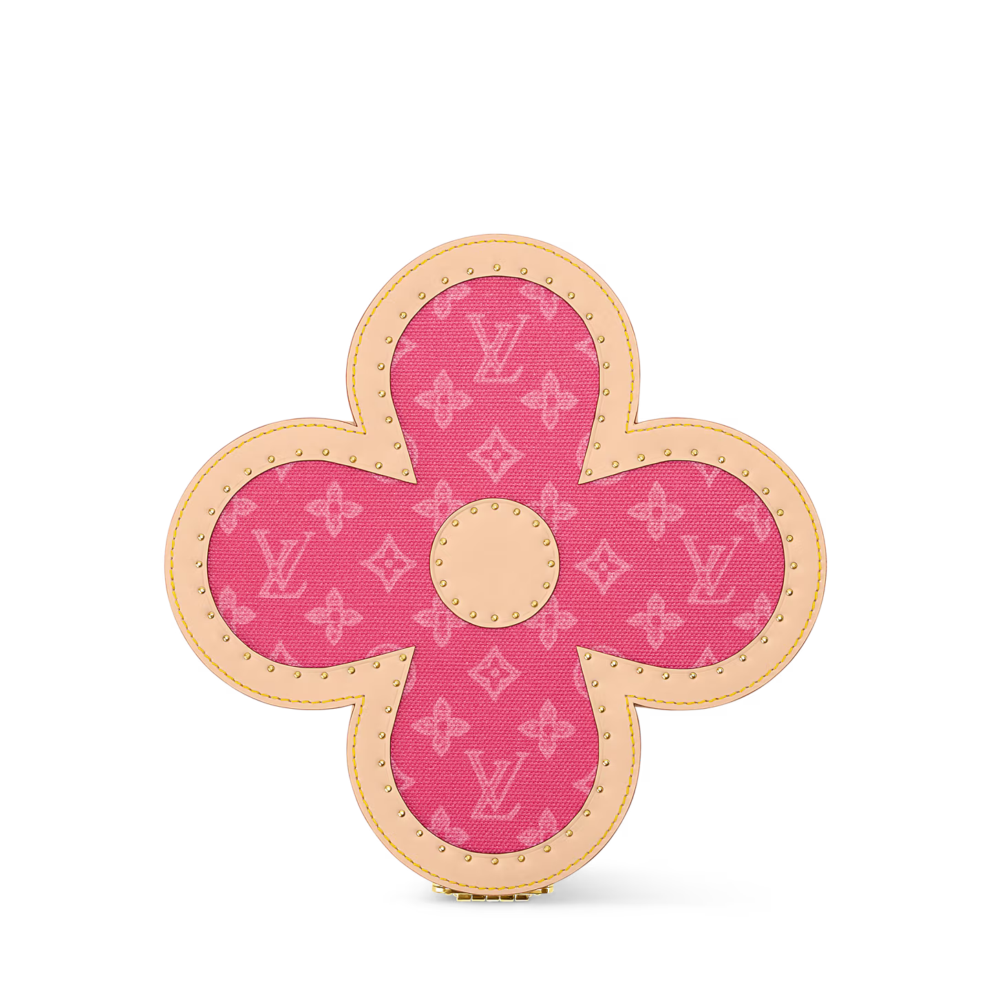 Louis Vuitton Blooming Box, boîte à bijoux rigide en toile Monogram marron en forme de fleur avec cuir et serrure S dorée.