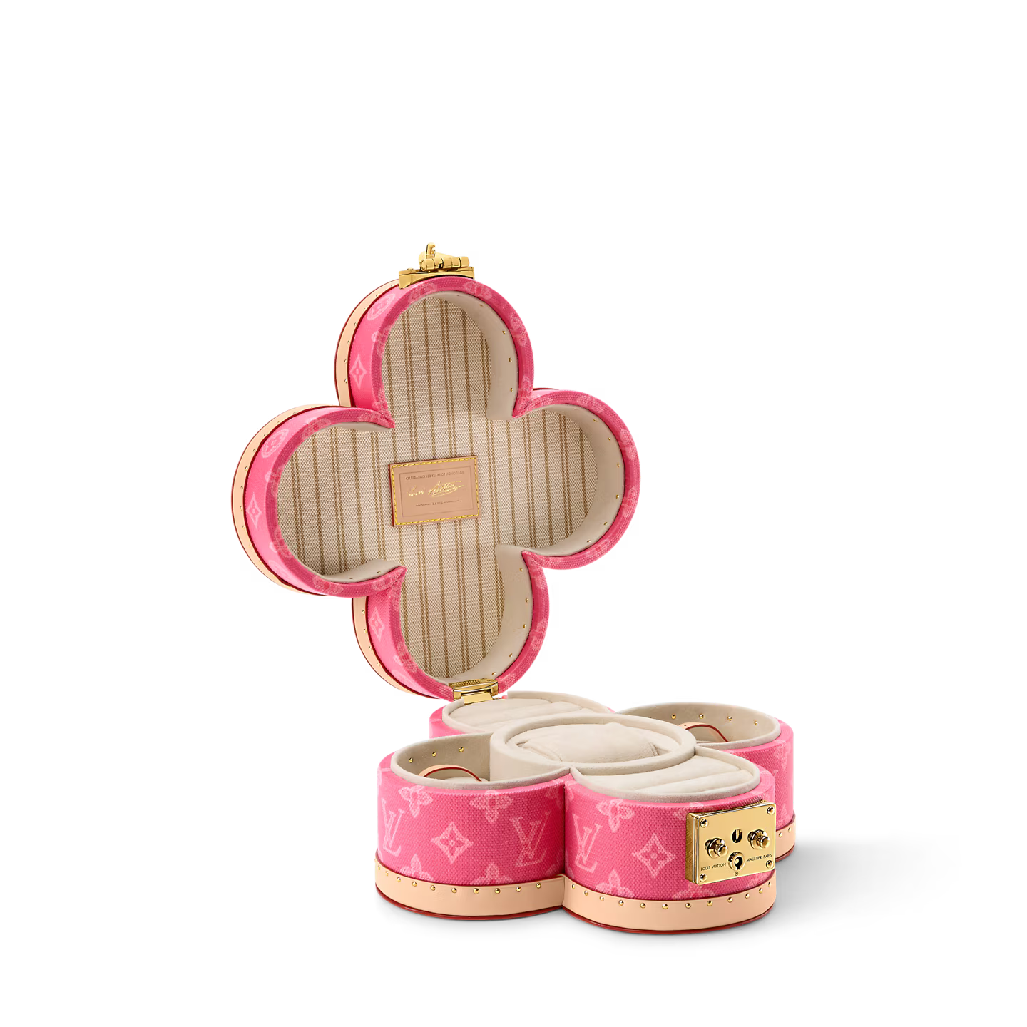 Louis Vuitton Blooming Box, boîte à bijoux rigide en toile Monogram marron en forme de fleur avec cuir et serrure S dorée.
