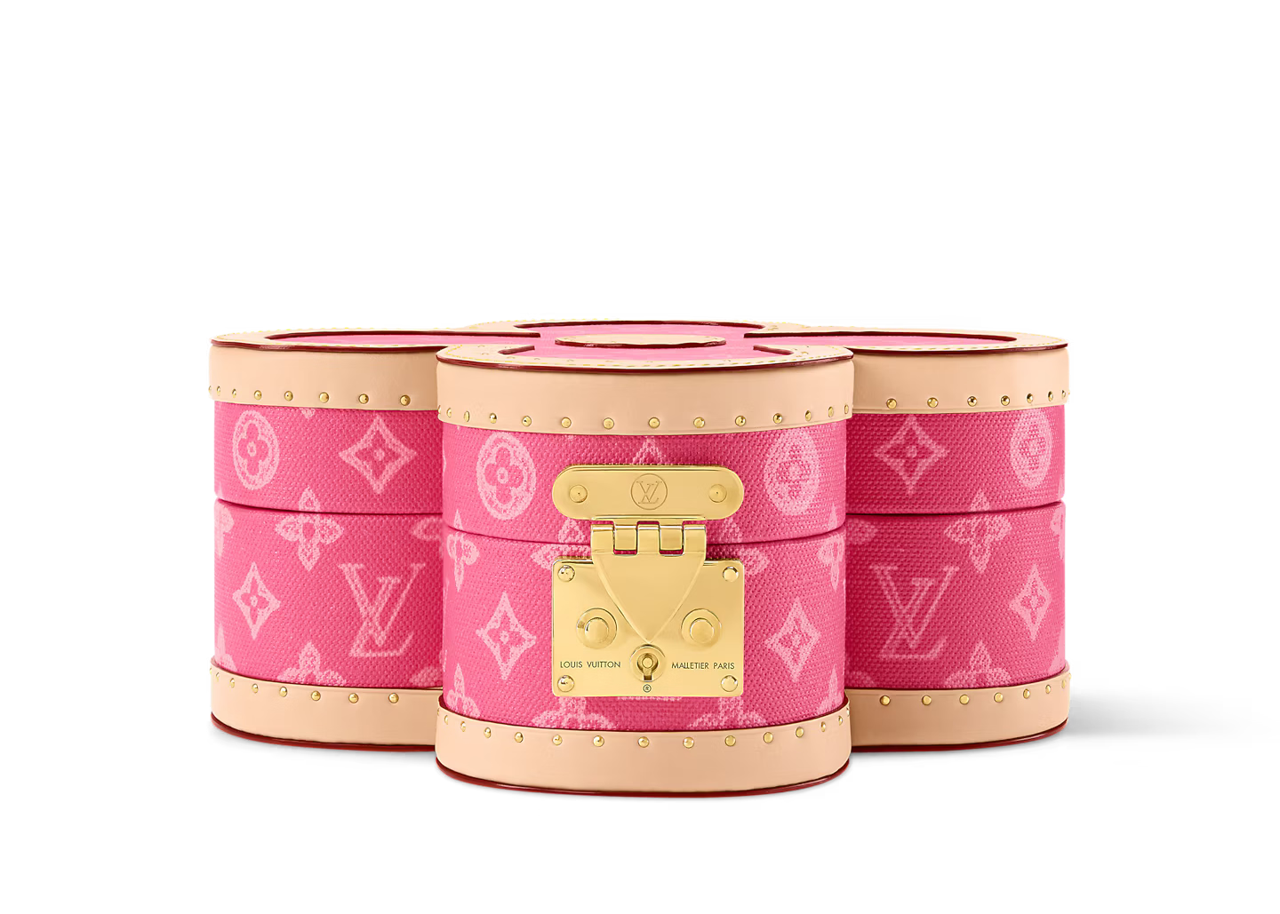 Louis Vuitton Blooming Box, boîte à bijoux rigide en toile Monogram marron en forme de fleur avec cuir et serrure S dorée.