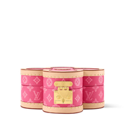 Louis Vuitton Blooming Box, boîte à bijoux rigide en toile Monogram marron en forme de fleur avec cuir et serrure S dorée.
