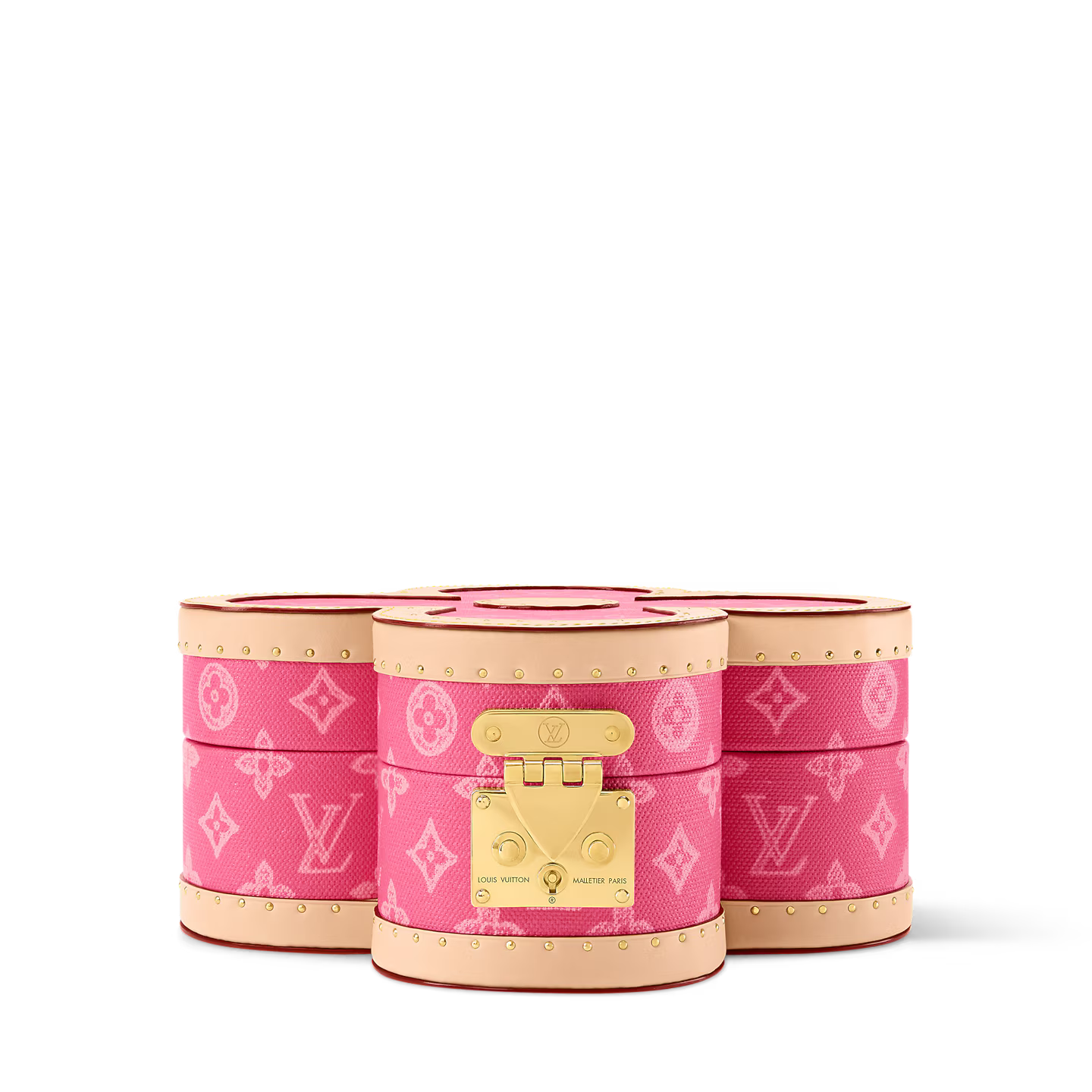 Louis Vuitton Blooming Box, boîte à bijoux rigide en toile Monogram marron en forme de fleur avec cuir et serrure S dorée.