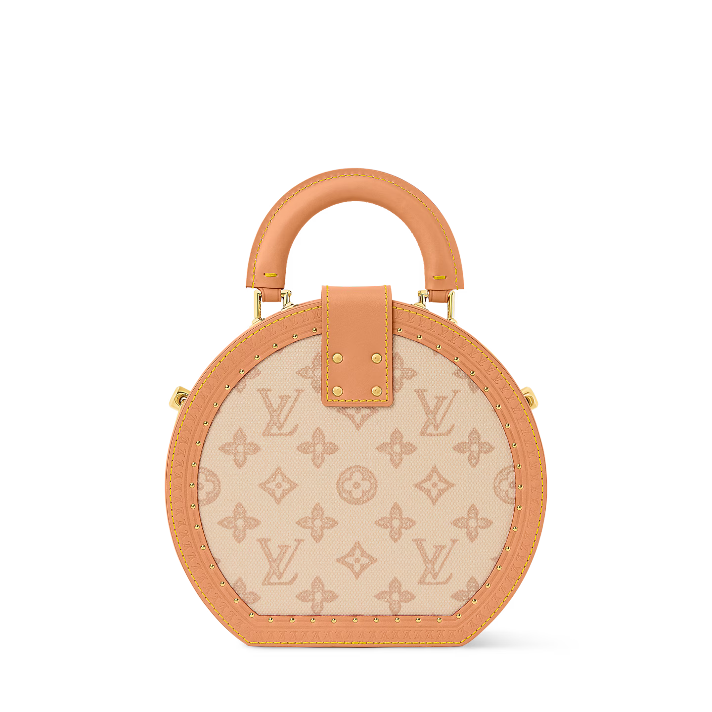 Louis Vuitton Boite Chapeau PM, sac arrondi en toile Monogram marron avec cuir noir, poignée supérieure, fermoir doré et bandoulière.