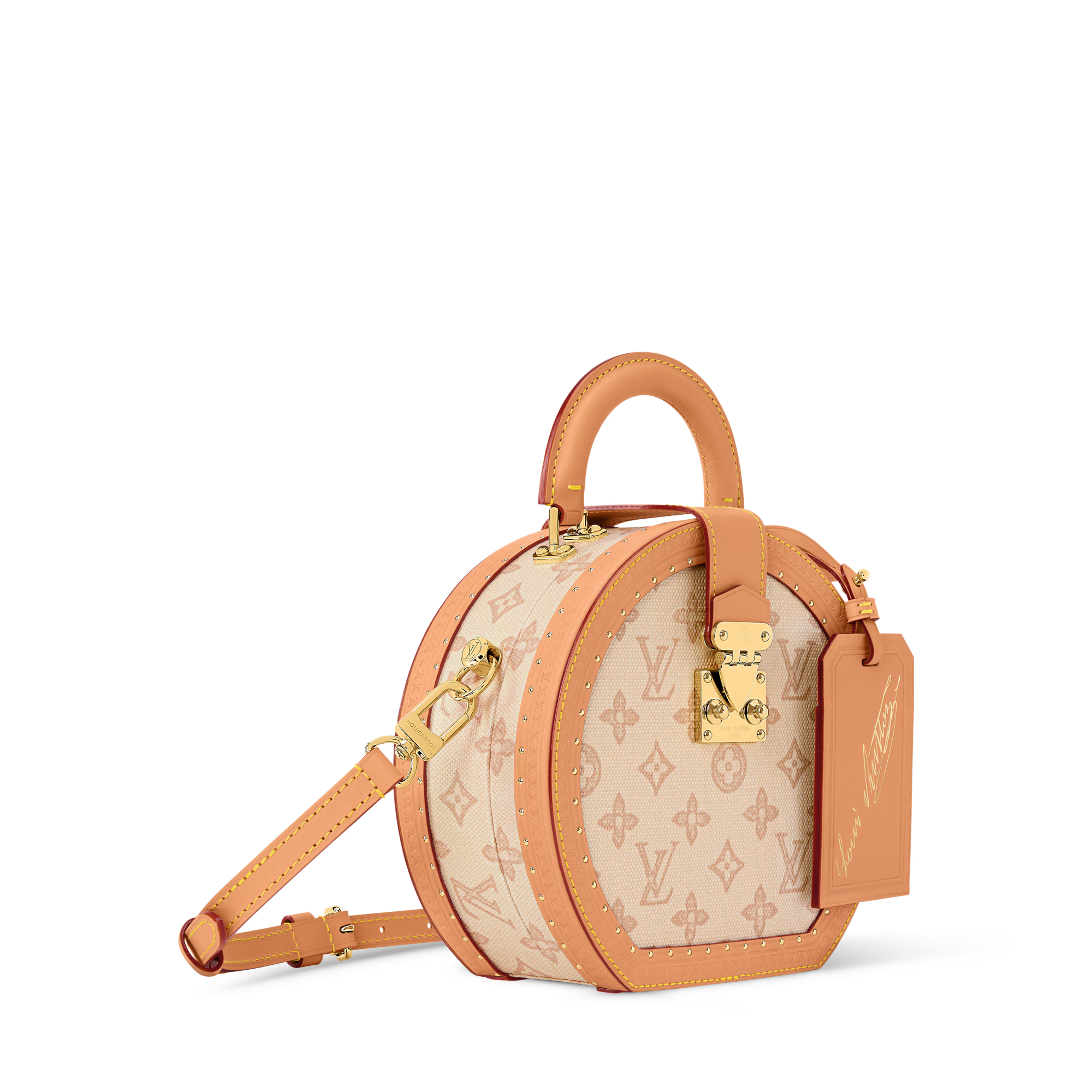 Louis Vuitton Boite Chapeau PM, sac arrondi en toile Monogram marron avec cuir noir, poignée supérieure, fermoir doré et bandoulière.