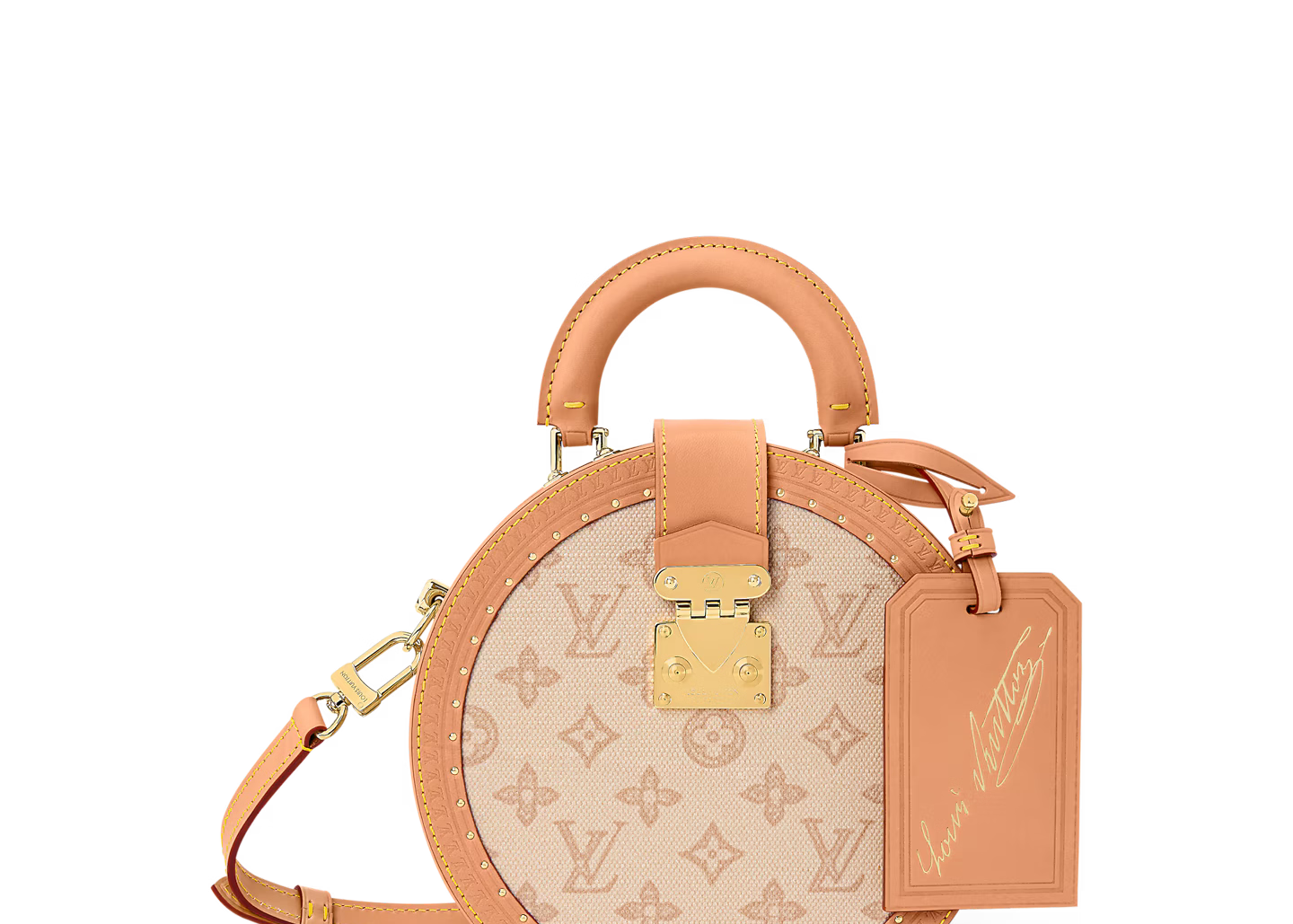 Louis Vuitton Boite Chapeau PM, sac arrondi en toile Monogram marron avec cuir noir, poignée supérieure, fermoir doré et bandoulière.