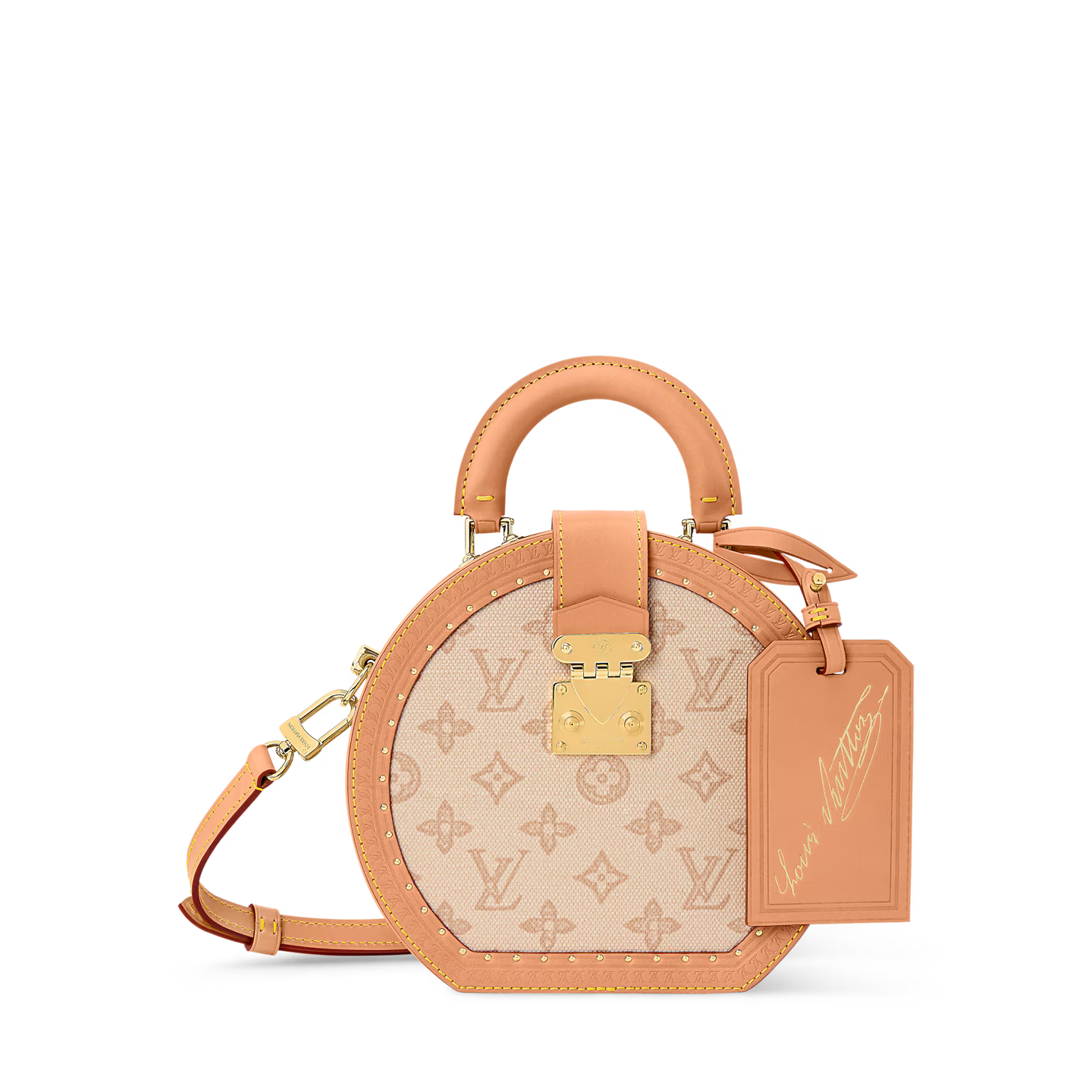 Louis Vuitton Boite Chapeau PM, sac arrondi en toile Monogram marron avec cuir noir, poignée supérieure, fermoir doré et bandoulière.