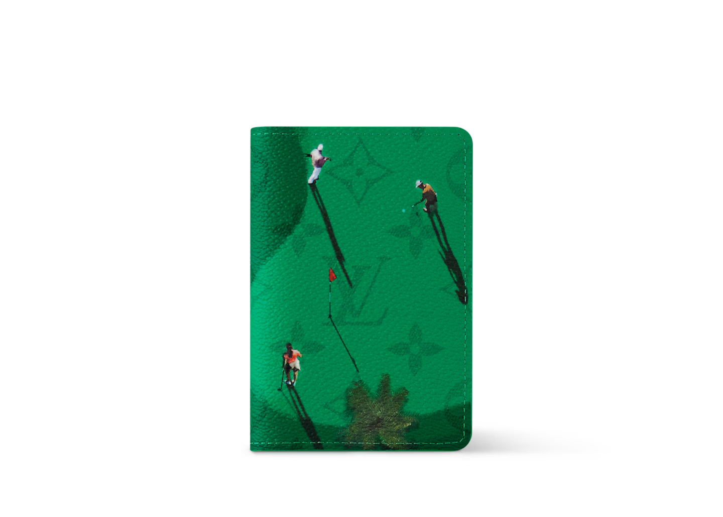 Louis Vuitton Golf Pocket Organizer Green, porte-cartes vert en toile Monogram avec scène miniature de golfeurs et motif LV.