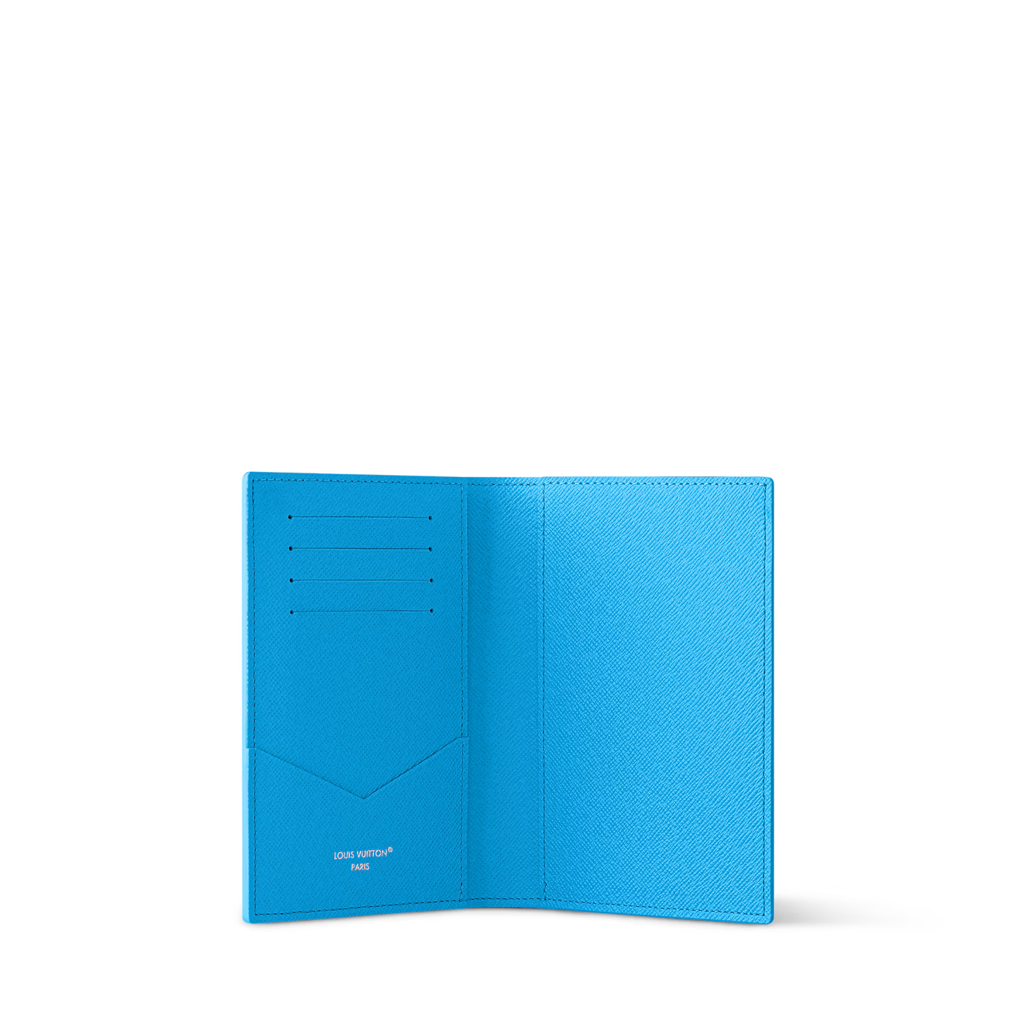 Louis Vuitton Pool Passport Cover Blue Lagoon, porte-passeport bleu en toile Monogram avec scène sportive miniature et intérieur en cuir.