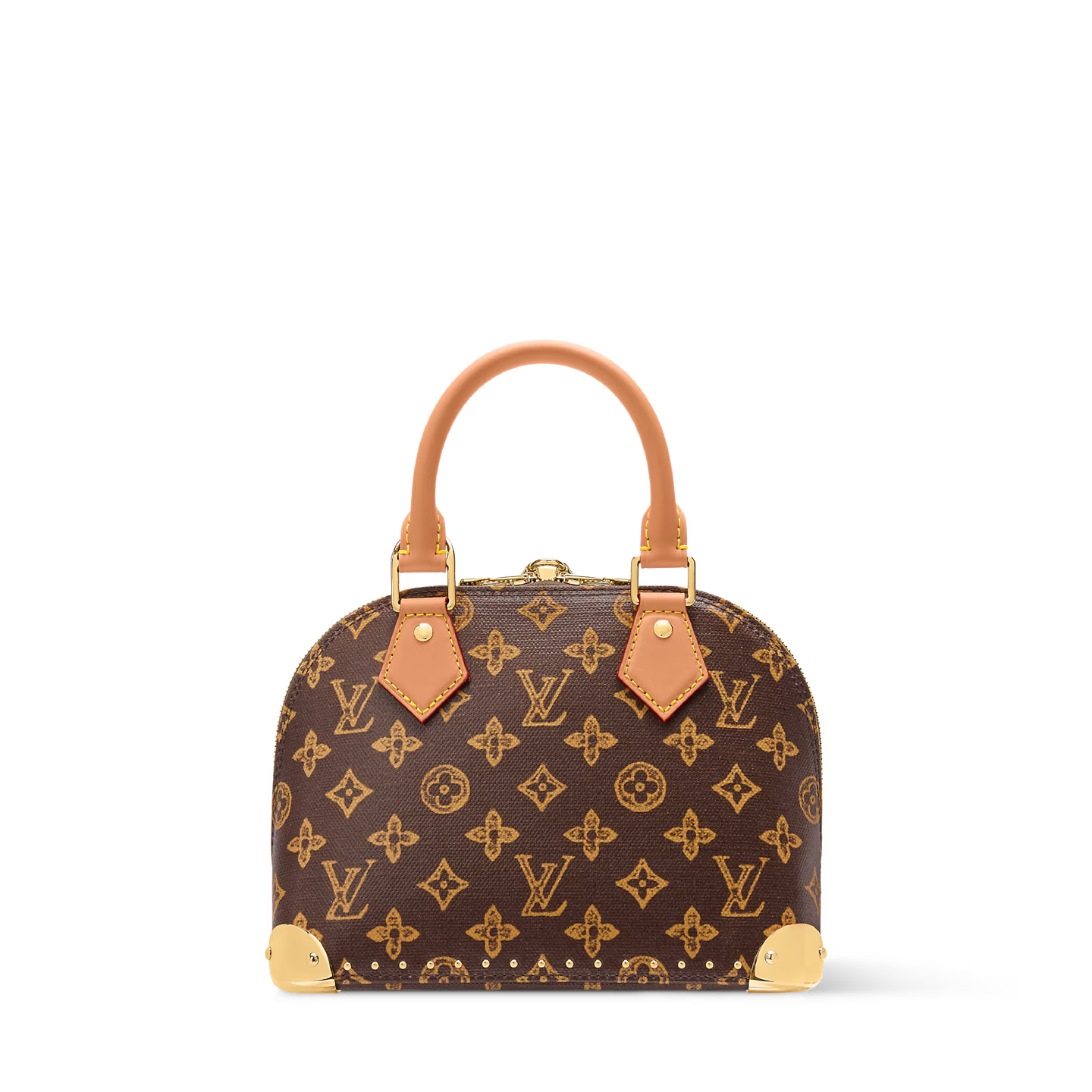 Louis Vuitton Alma Trunk BB, sac en toile Monogram marron avec cuir noir, coins métalliques dorés, cadenas et chaîne amovible.