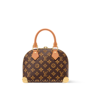 Louis Vuitton Alma Trunk BB, sac en toile Monogram marron avec cuir noir, coins métalliques dorés, cadenas et chaîne amovible.