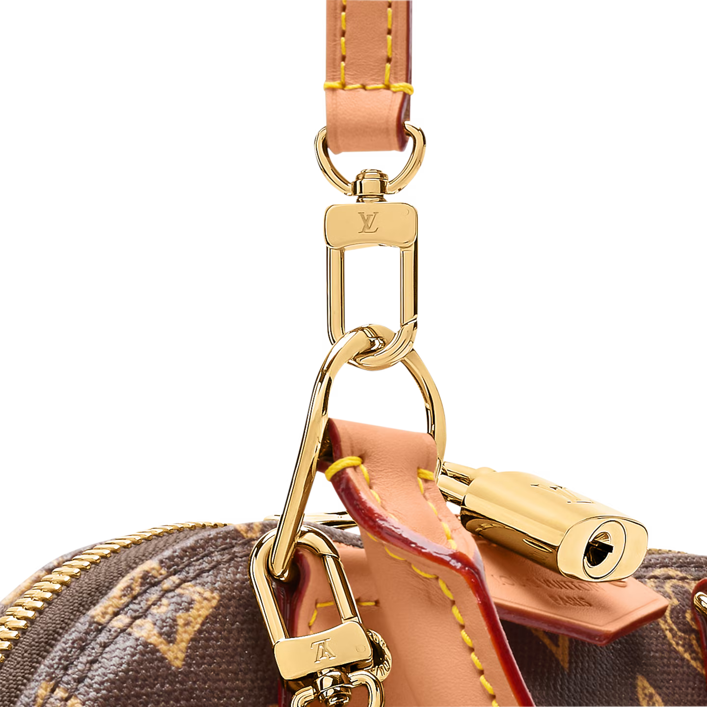 Louis Vuitton Alma Trunk BB, sac en toile Monogram marron avec cuir noir, coins métalliques dorés, cadenas et chaîne amovible.