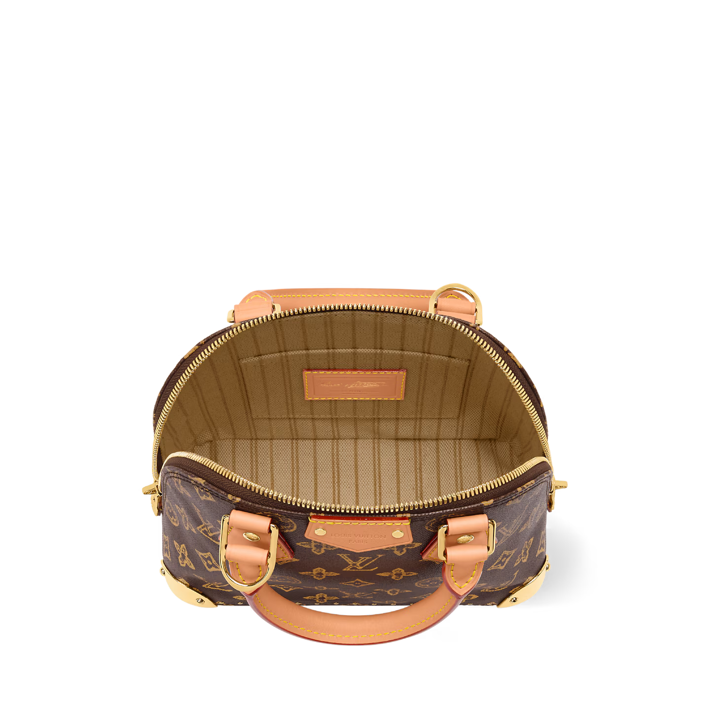 Louis Vuitton Alma Trunk BB, sac en toile Monogram marron avec cuir noir, coins métalliques dorés, cadenas et chaîne amovible.