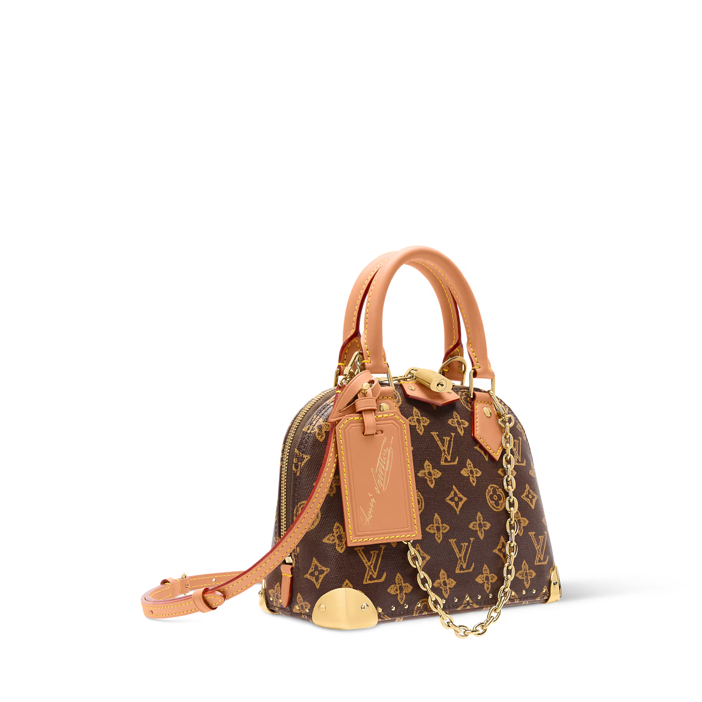Louis Vuitton Alma Trunk BB, sac en toile Monogram marron avec cuir noir, coins métalliques dorés, cadenas et chaîne amovible.