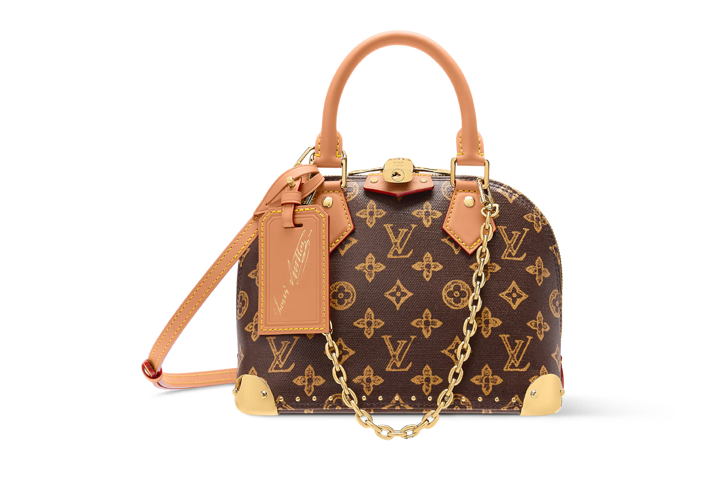 Louis Vuitton Alma Trunk BB, sac en toile Monogram marron avec cuir noir, coins métalliques dorés, cadenas et chaîne amovible.