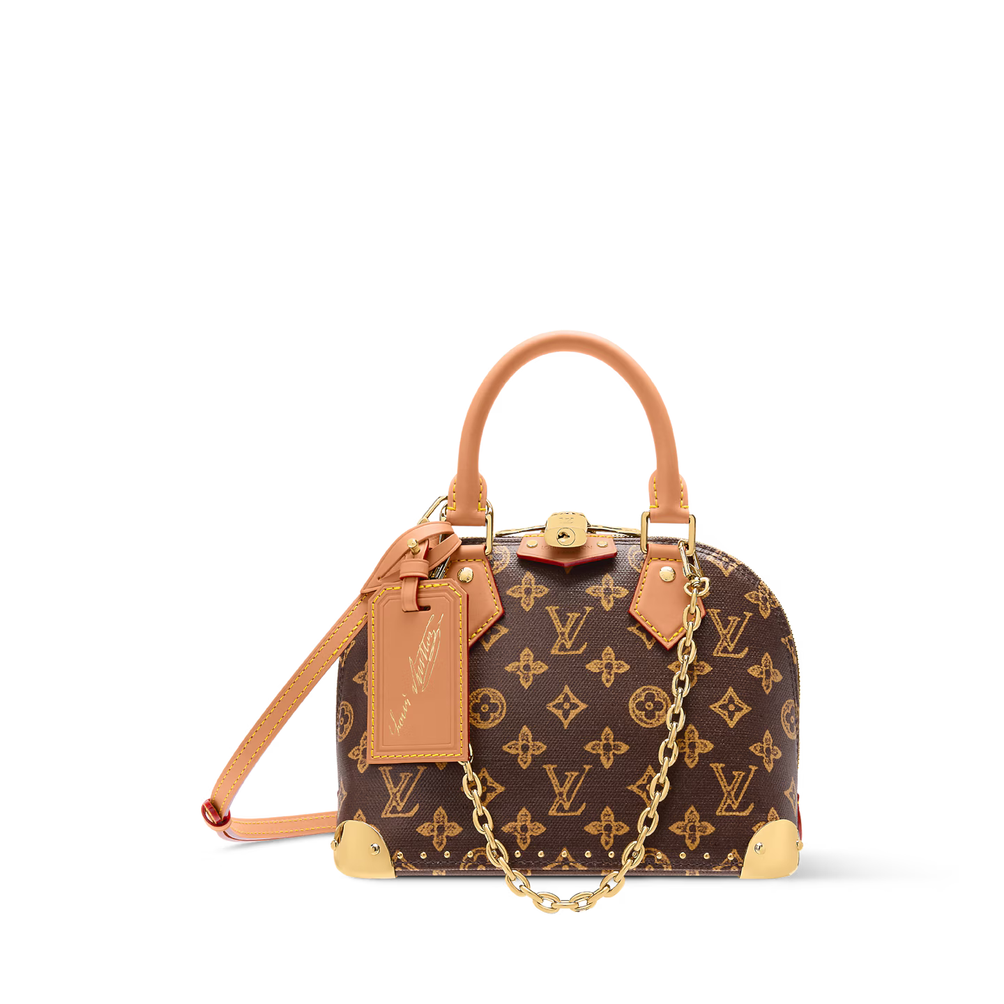 Louis Vuitton Alma Trunk BB, sac en toile Monogram marron avec cuir noir, coins métalliques dorés, cadenas et chaîne amovible.