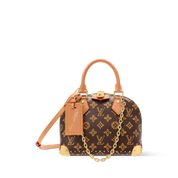 Louis Vuitton Alma Trunk BB, sac en toile Monogram marron avec cuir noir, coins métalliques dorés, cadenas et chaîne amovible.