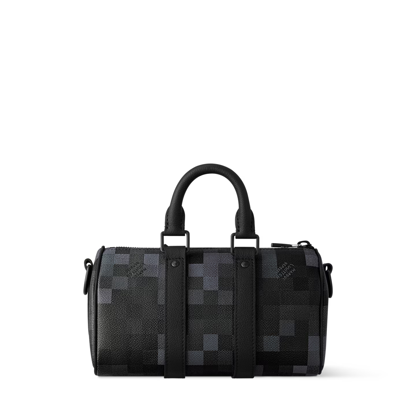 Louis Vuitton Keepall Bandoulière 25 Black en cuir de veau Monogram embossé noir avec poignées roulées, bandoulière réglable et amovible, fermeture zippée à double curseur et finitions métalliques.