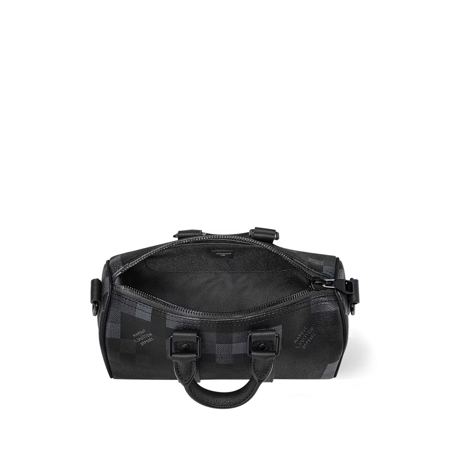Louis Vuitton Keepall Bandoulière 25 Black en cuir de veau Monogram embossé noir avec poignées roulées, bandoulière réglable et amovible, fermeture zippée à double curseur et finitions métalliques.