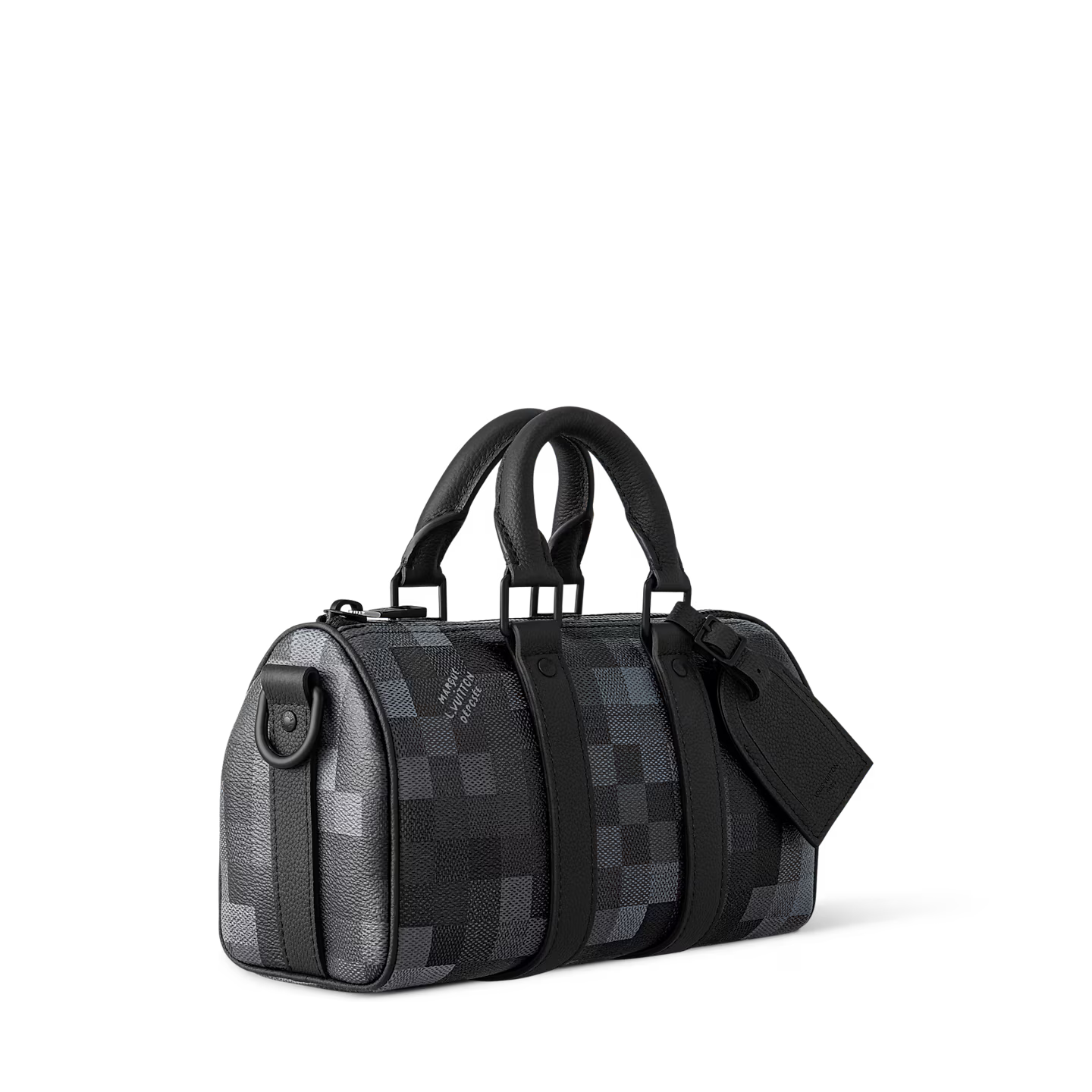 Louis Vuitton Keepall Bandoulière 25 Black en cuir de veau Monogram embossé noir avec poignées roulées, bandoulière réglable et amovible, fermeture zippée à double curseur et finitions métalliques.