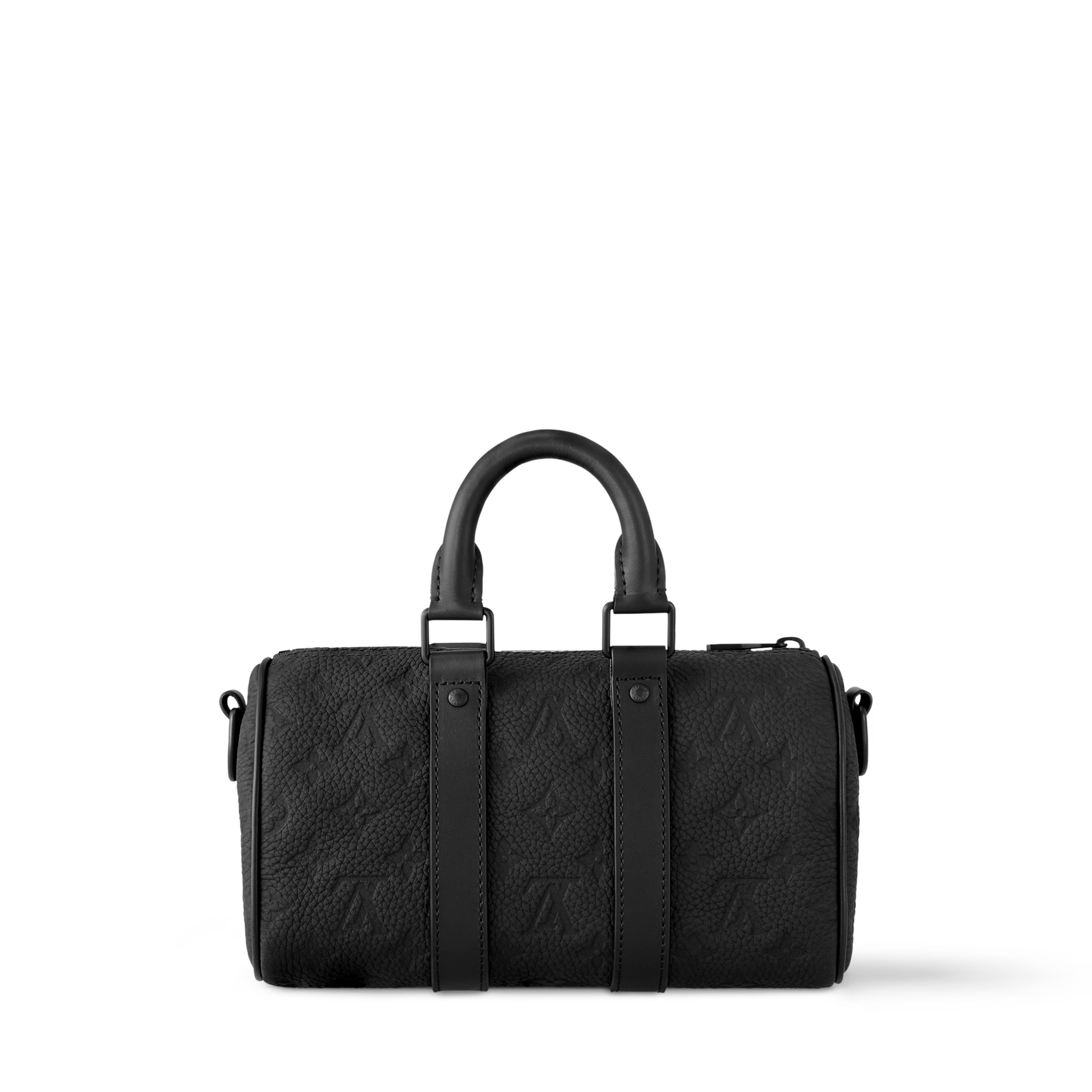 Louis Vuitton Keepall Bandoulière 25 Monogram Embossed Black en cuir de veau grainé embossé Monogram noir avec poignées roulées, bandoulière amovible, fermeture zippée et finitions métalliques.
