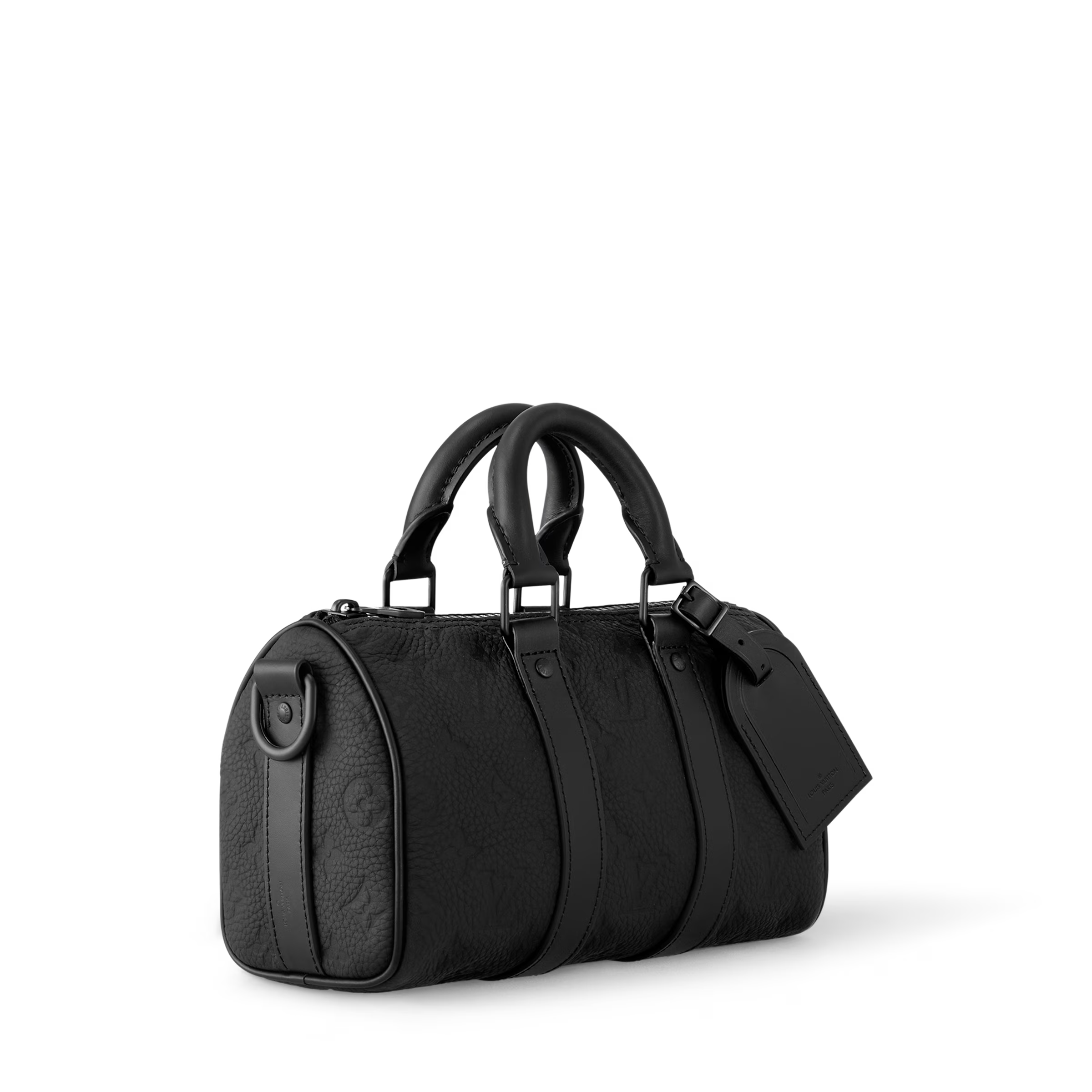 Louis Vuitton Keepall Bandoulière 25 Monogram Embossed Black en cuir de veau grainé embossé Monogram noir avec poignées roulées, bandoulière amovible, fermeture zippée et finitions métalliques.