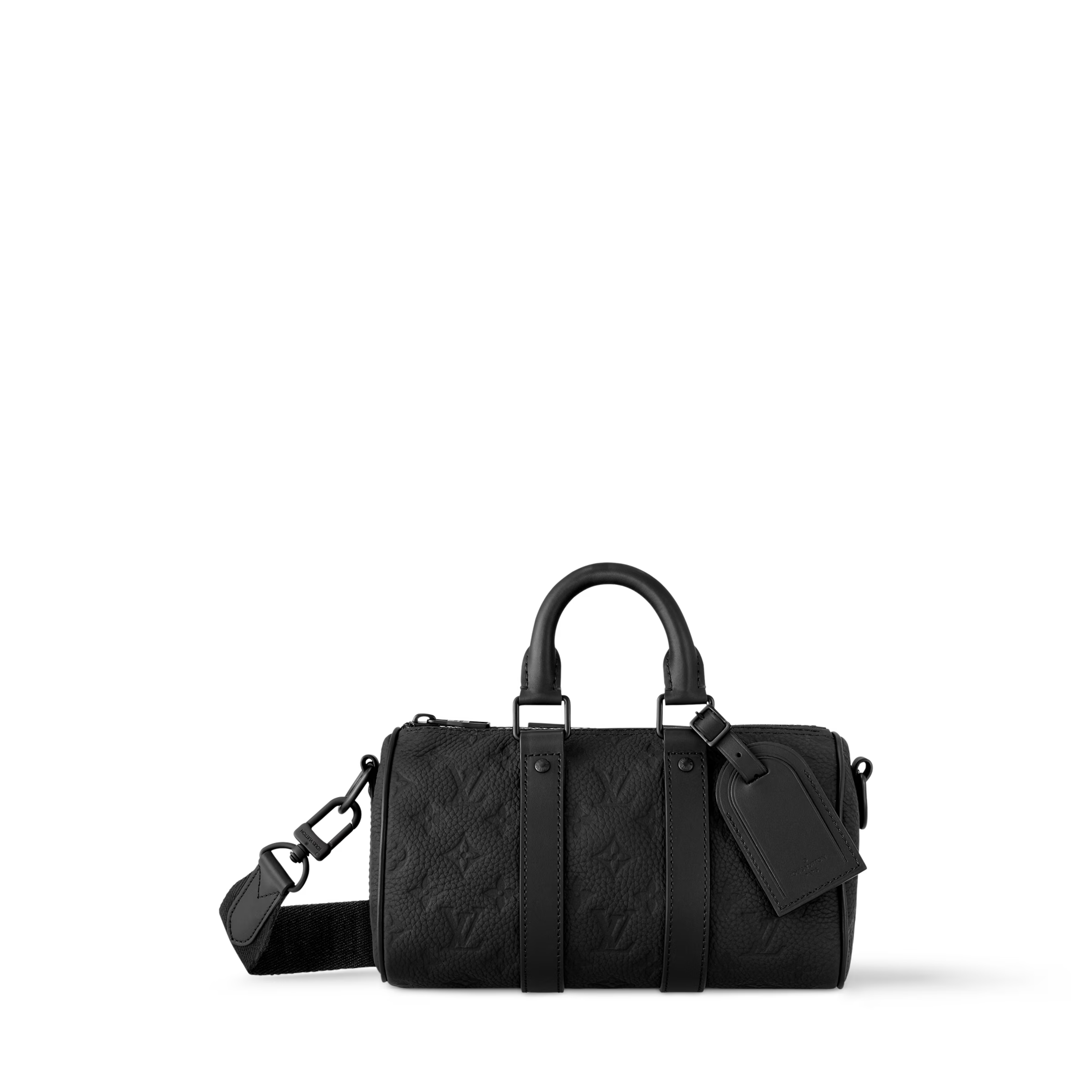 Louis Vuitton Keepall Bandoulière 25 Monogram Embossed Black en cuir de veau grainé embossé Monogram noir avec poignées roulées, bandoulière amovible, fermeture zippée et finitions métalliques.