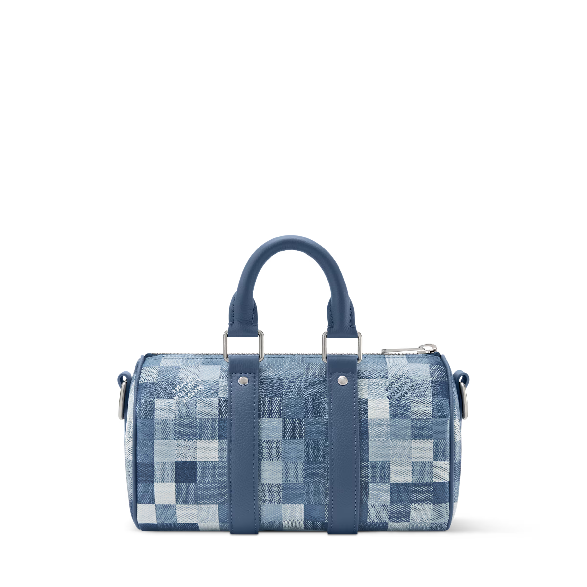 Louis Vuitton Keepall Bandoulière 25 Indigo Blue en cuir de veau grainé embossé Monogram bleu indigo avec poignées roulées, bandoulière amovible, fermeture zippée à double curseur et finitions métalliques.