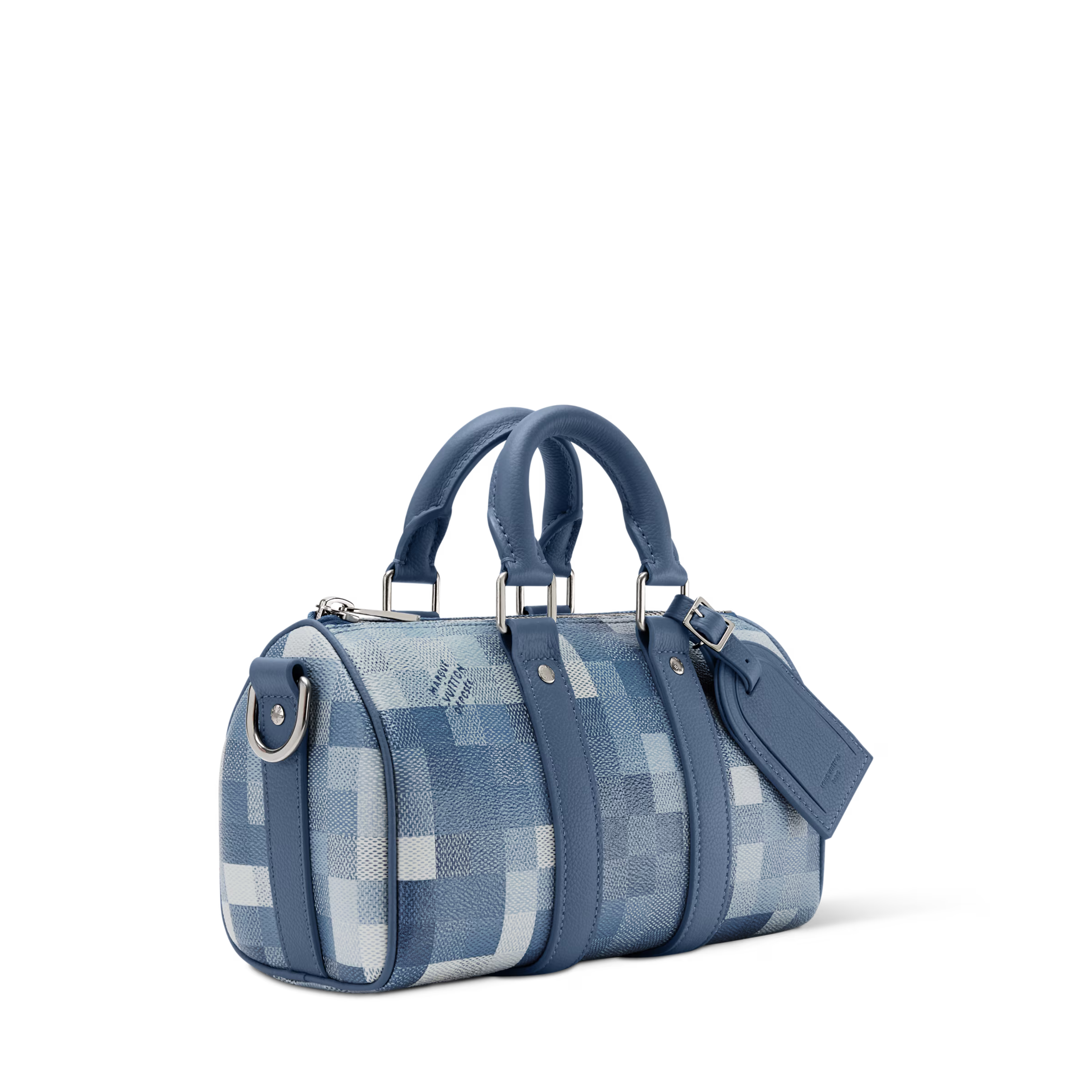 Louis Vuitton Keepall Bandoulière 25 Indigo Blue en cuir de veau grainé embossé Monogram bleu indigo avec poignées roulées, bandoulière amovible, fermeture zippée à double curseur et finitions métalliques.