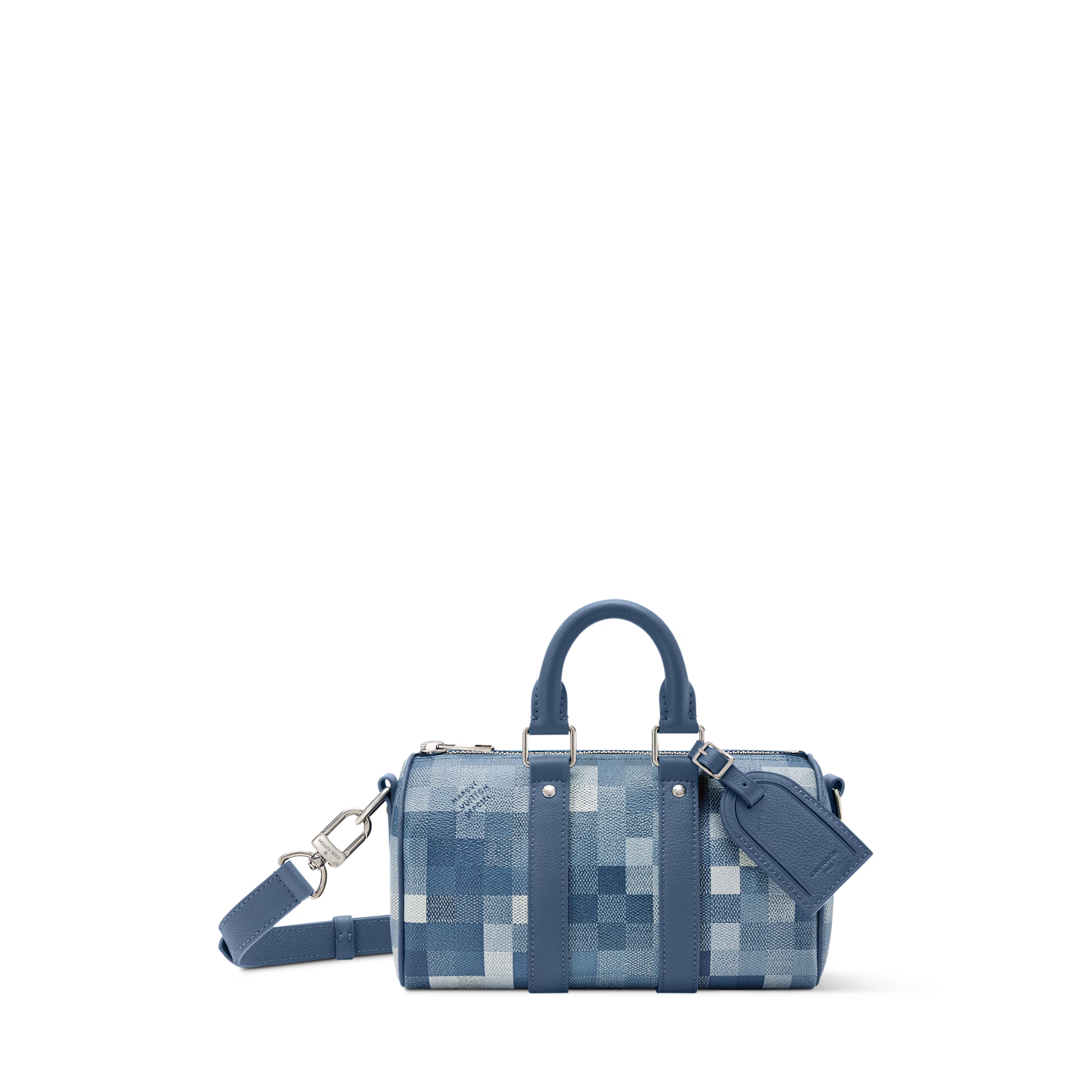 Louis Vuitton Keepall Bandoulière 25 Indigo Blue en cuir de veau grainé embossé Monogram bleu indigo avec poignées roulées, bandoulière amovible, fermeture zippée à double curseur et finitions métalliques.