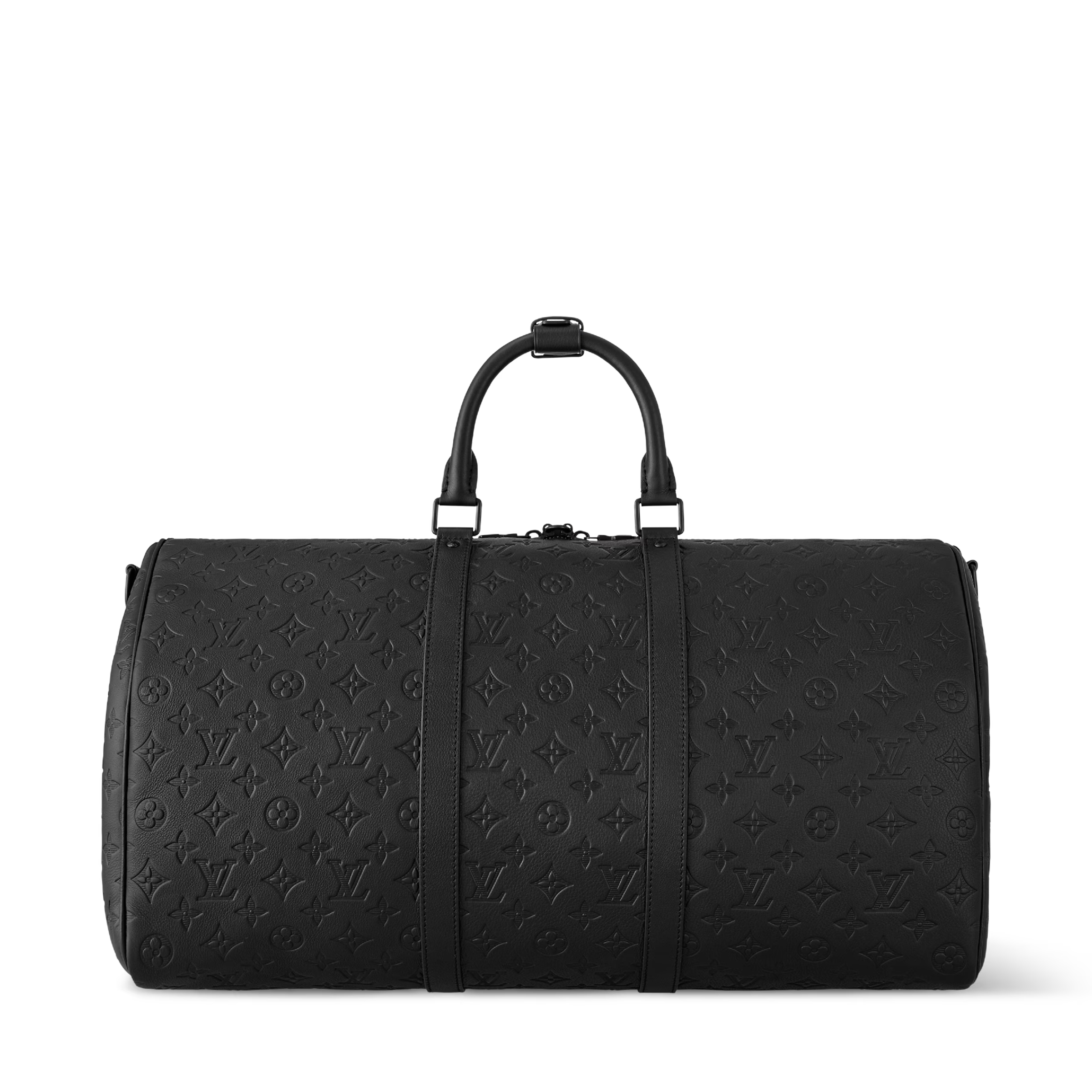 Louis Vuitton Keepall Bandoulière 50 Monogram Shadow Black en cuir de veau Monogram Shadow noir embossé avec poignées roulées, bandoulière amovible, fermeture zippée et finitions métalliques noires.
