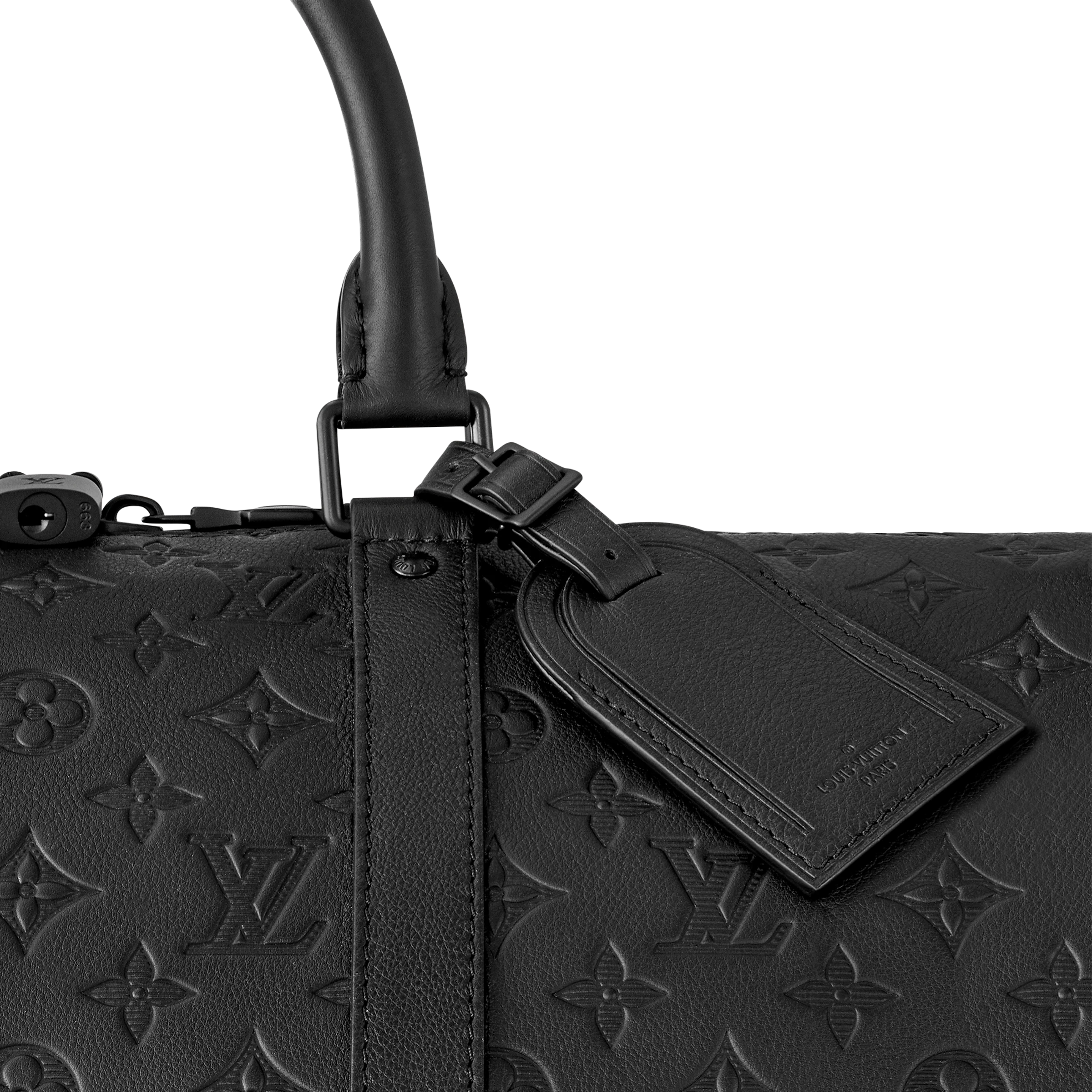Louis Vuitton Keepall Bandoulière 50 Monogram Shadow Black en cuir de veau Monogram Shadow noir embossé avec poignées roulées, bandoulière amovible, fermeture zippée et finitions métalliques noires.