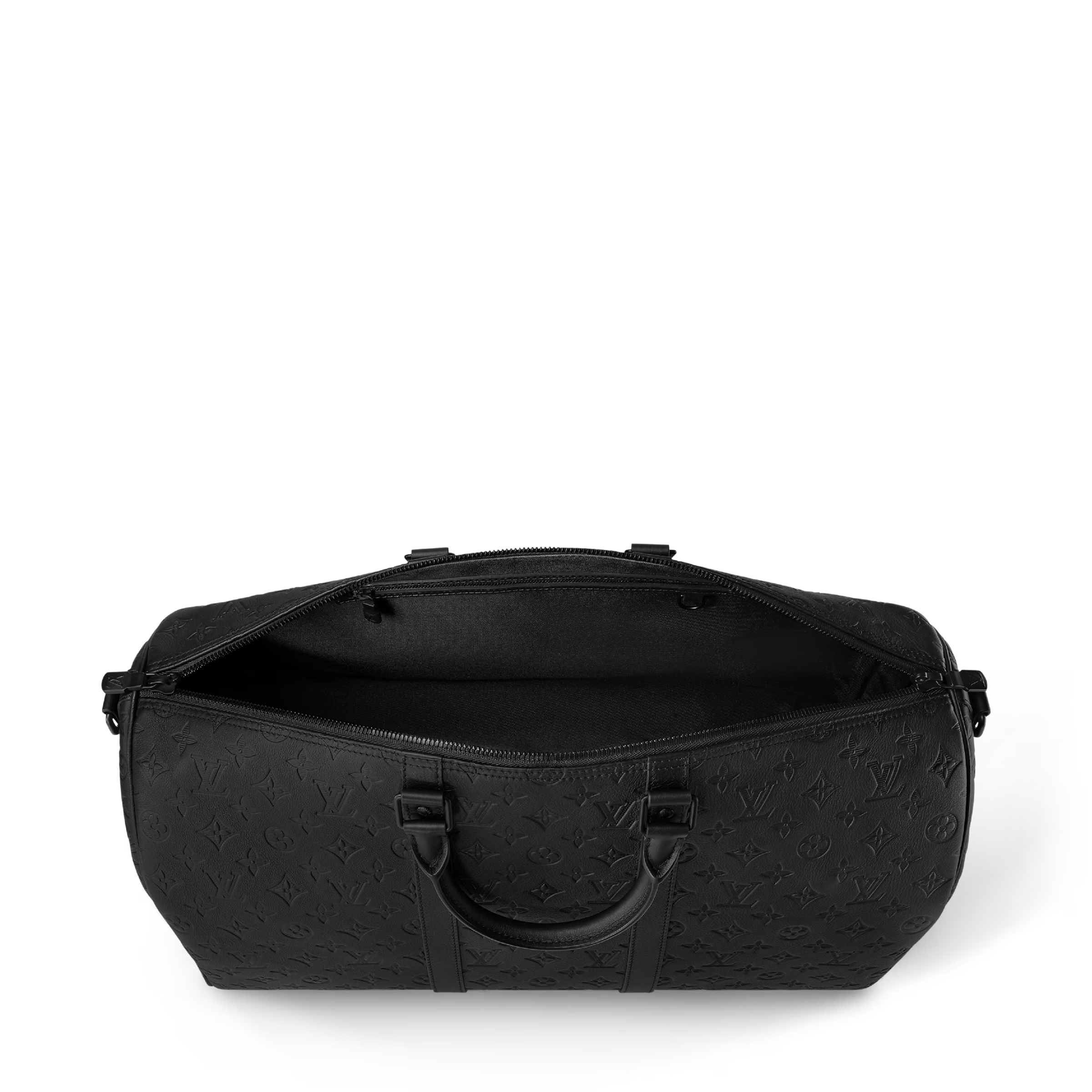 Louis Vuitton Keepall Bandoulière 50 Monogram Shadow Black en cuir de veau Monogram Shadow noir embossé avec poignées roulées, bandoulière amovible, fermeture zippée et finitions métalliques noires.