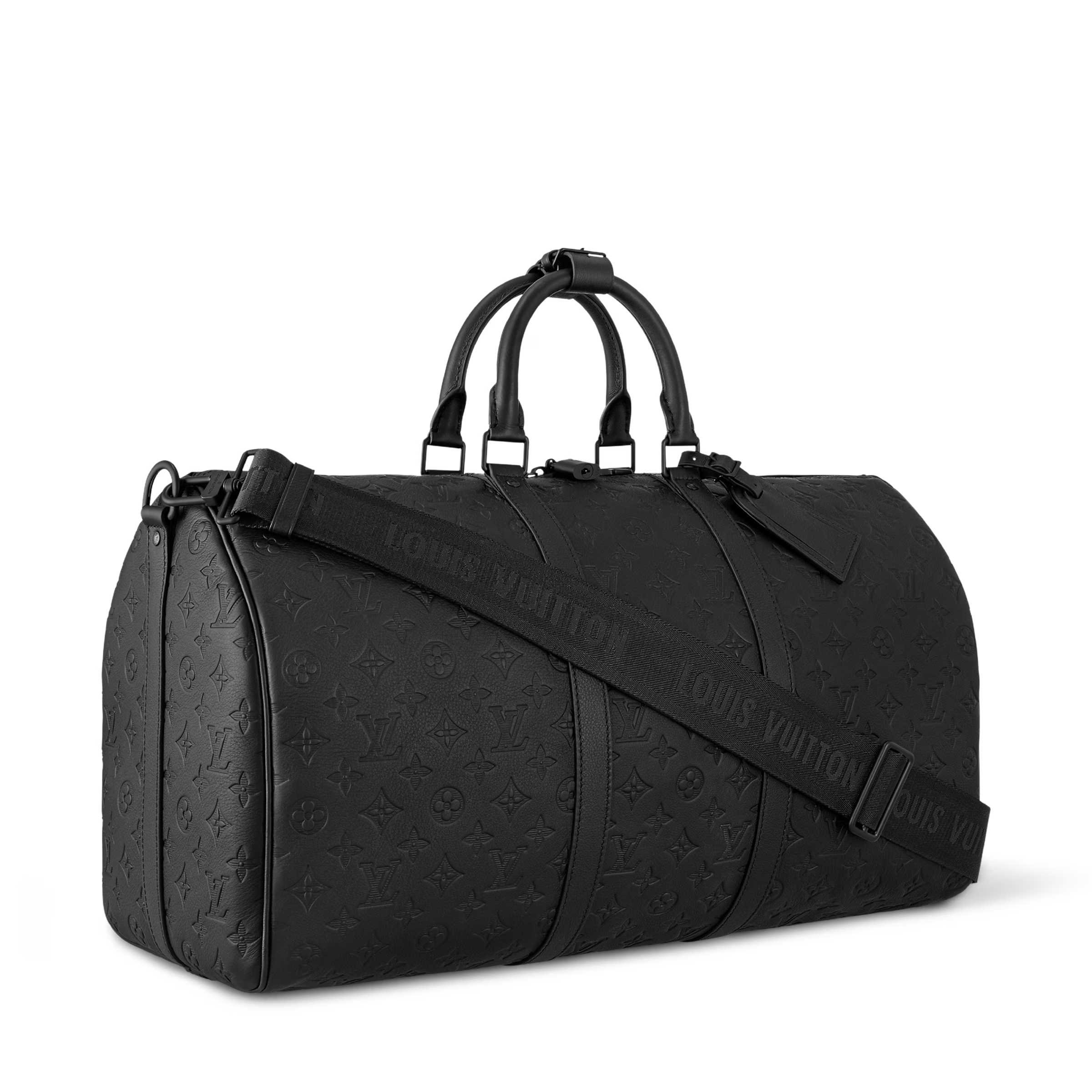 Louis Vuitton Keepall Bandoulière 50 Monogram Shadow Black en cuir de veau Monogram Shadow noir embossé avec poignées roulées, bandoulière amovible, fermeture zippée et finitions métalliques noires.