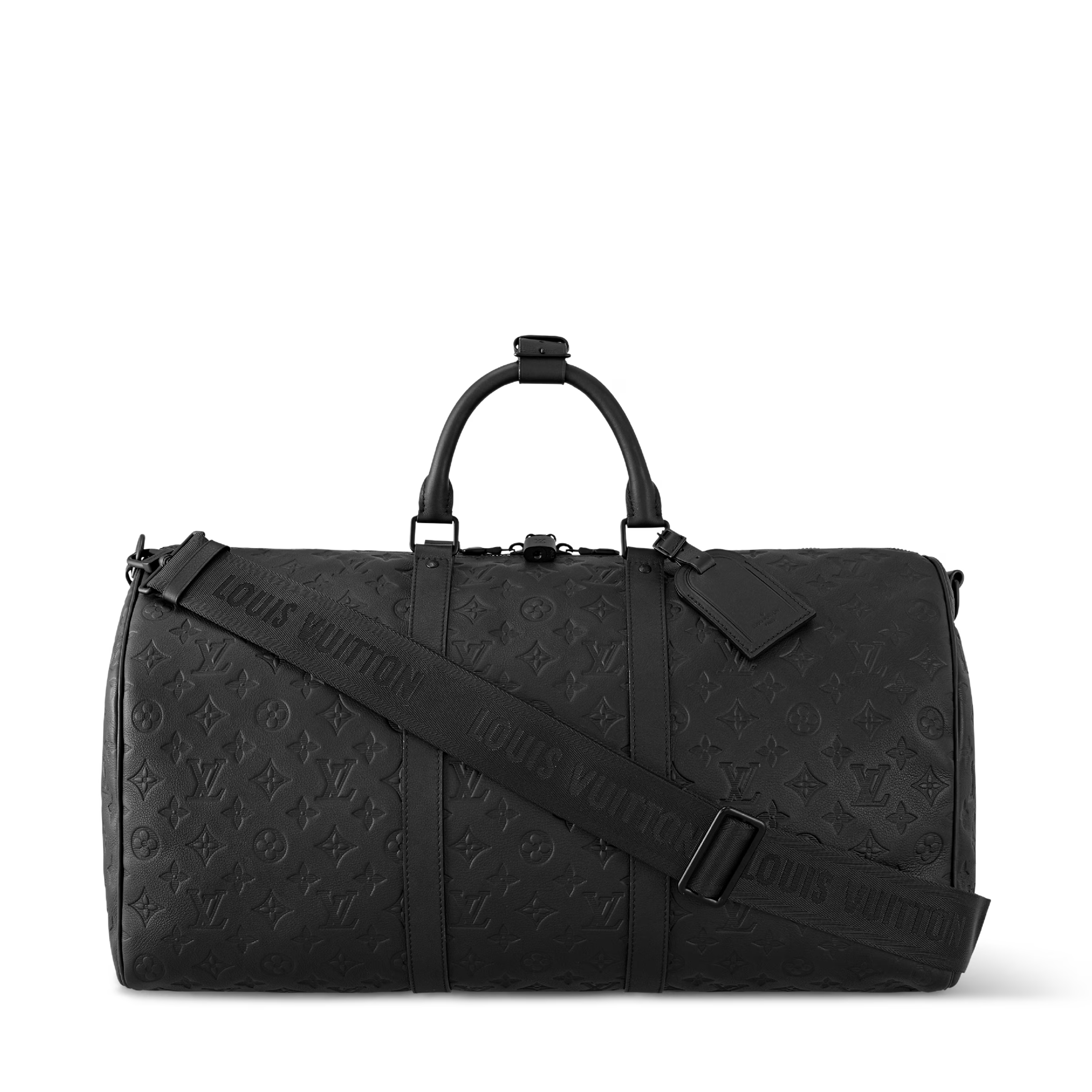 Louis Vuitton Keepall Bandoulière 50 Monogram Shadow Black en cuir de veau Monogram Shadow noir embossé avec poignées roulées, bandoulière amovible, fermeture zippée et finitions métalliques noires.