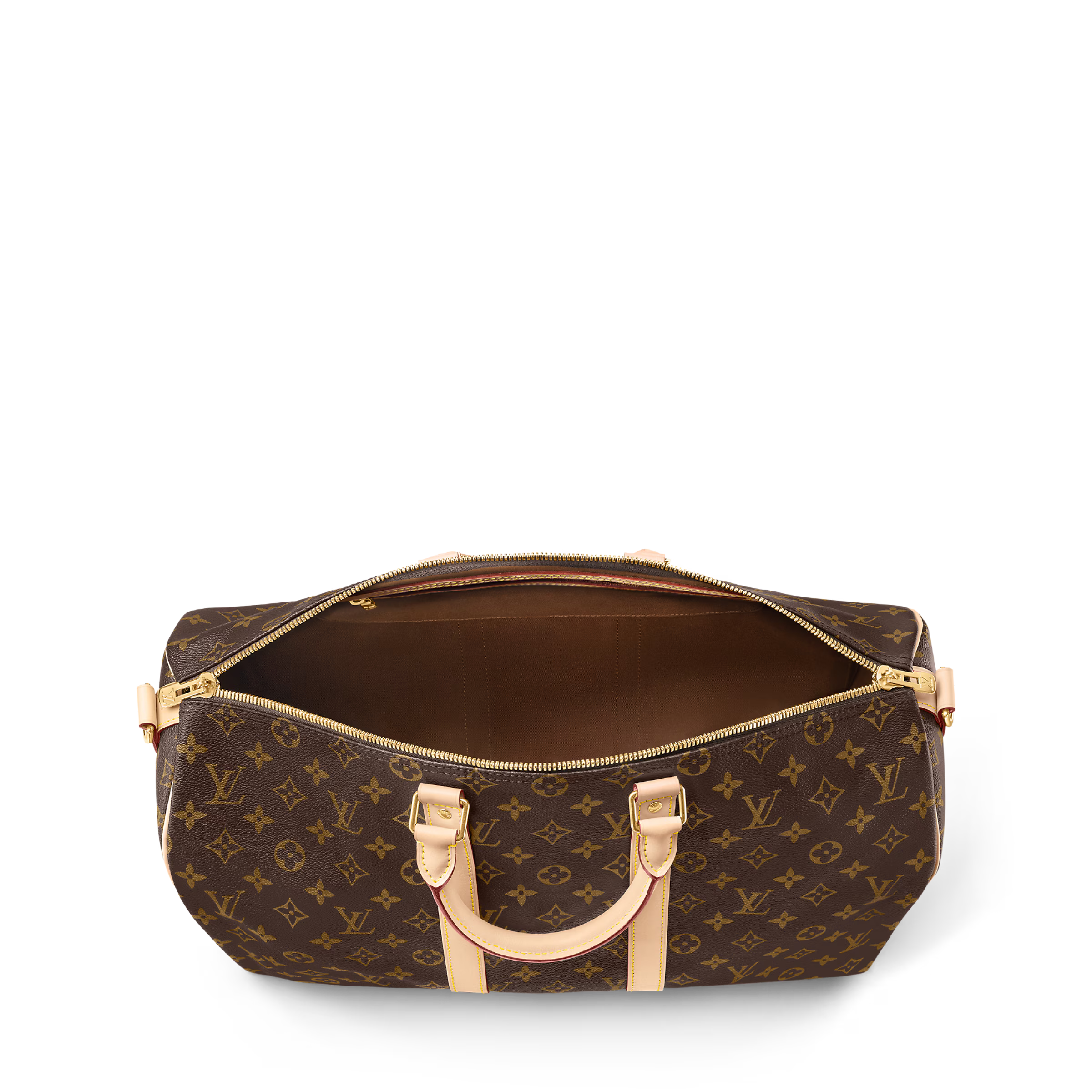 Découvrez le Louis Vuitton Keepall Bandoulière Monogram 45 Brown, un sac de voyage iconique en toile Monogram avec garnitures en cuir naturel, bandoulière amovible et format idéal pour les courts séjours.