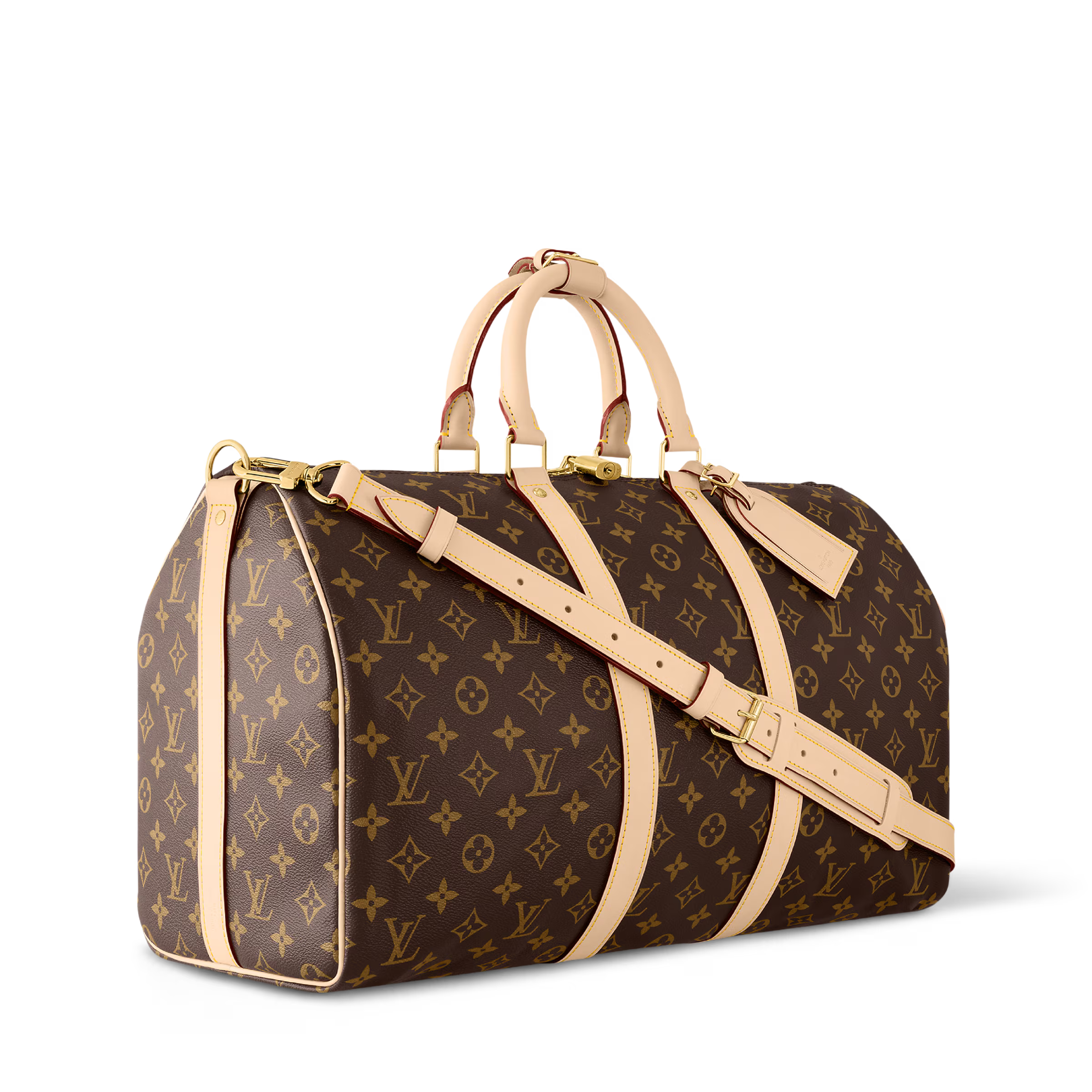 Découvrez le Louis Vuitton Keepall Bandoulière Monogram 45 Brown, un sac de voyage iconique en toile Monogram avec garnitures en cuir naturel, bandoulière amovible et format idéal pour les courts séjours.