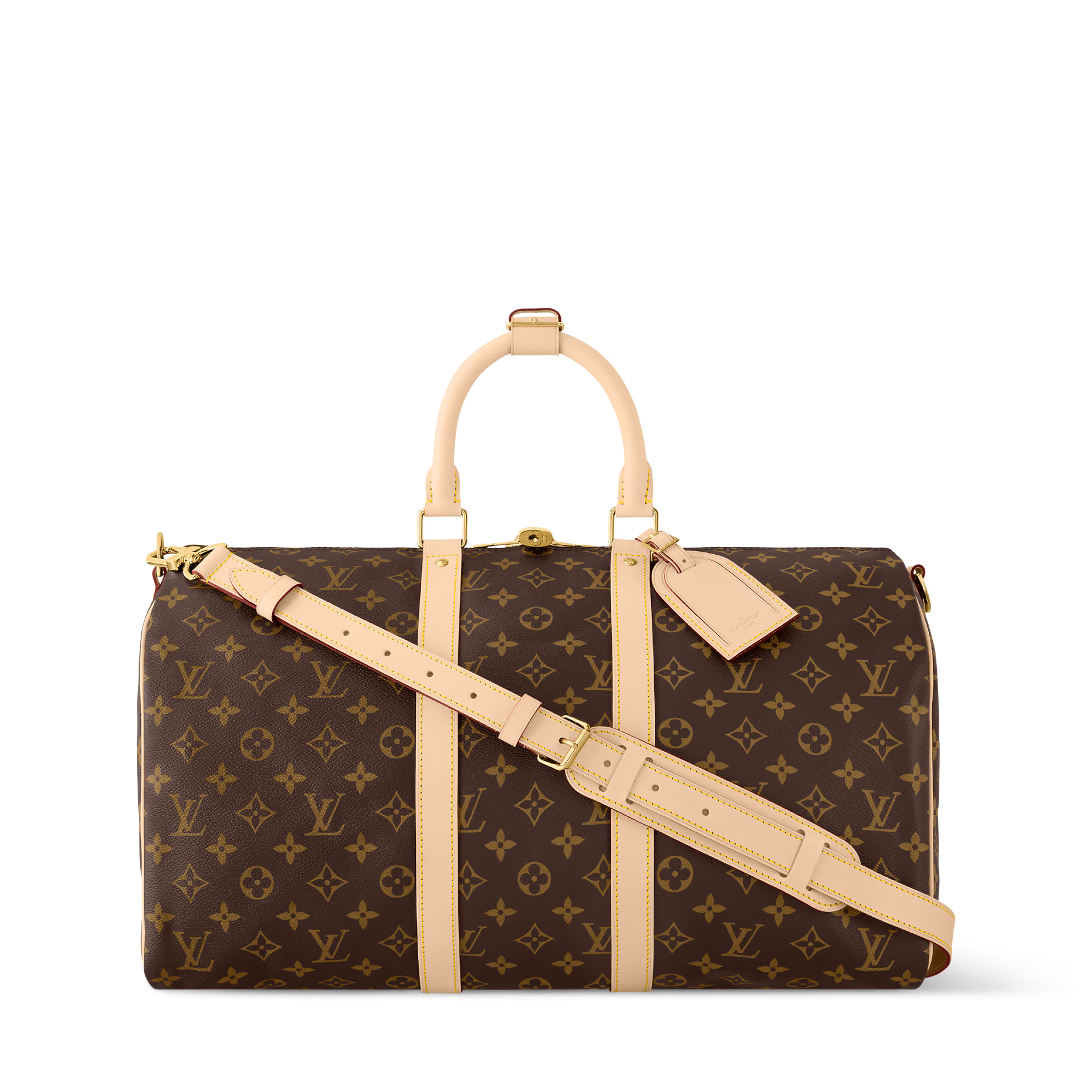 Découvrez le Louis Vuitton Keepall Bandoulière Monogram 45 Brown, un sac de voyage iconique en toile Monogram avec garnitures en cuir naturel, bandoulière amovible et format idéal pour les courts séjours.