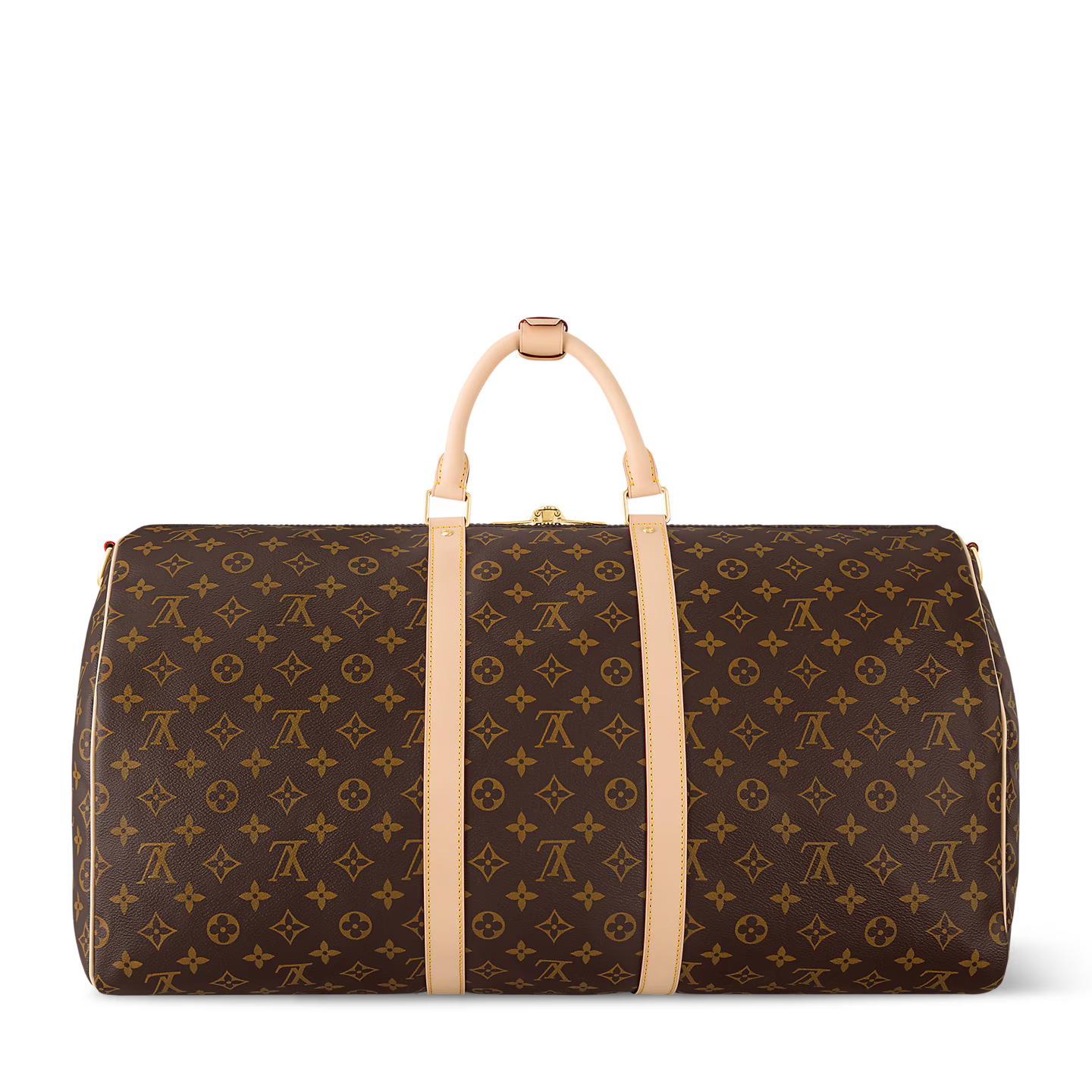 Louis Vuitton Keepall Bandoulière Monogram 55 Brown en toile Monogram marron avec garnitures en cuir naturel, poignées roulées, bandoulière réglable et amovible, fermeture zippée à double curseur et finitions métalliques.