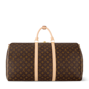 Louis Vuitton Keepall Bandoulière Monogram 55 Brown en toile Monogram marron avec garnitures en cuir naturel, poignées roulées, bandoulière réglable et amovible, fermeture zippée à double curseur et finitions métalliques.