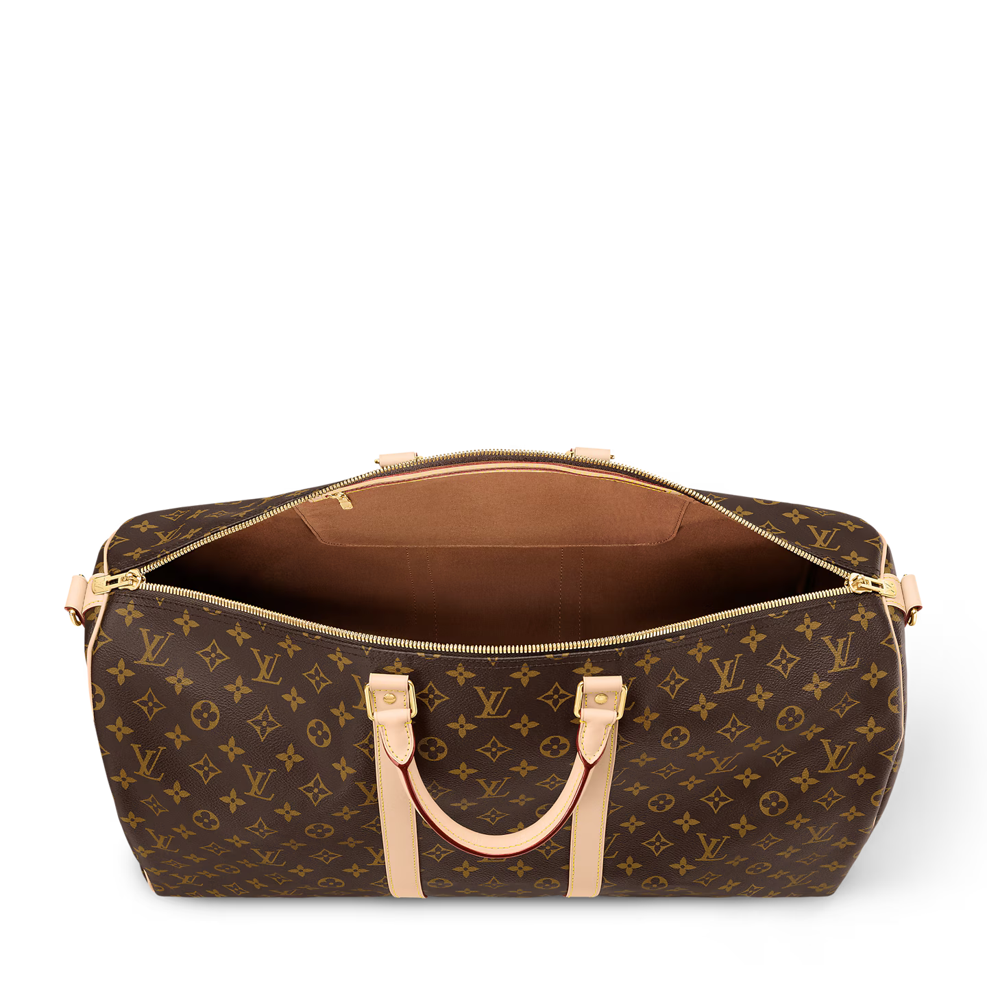 Louis Vuitton Keepall Bandoulière Monogram 55 Brown en toile Monogram marron avec garnitures en cuir naturel, poignées roulées, bandoulière réglable et amovible, fermeture zippée à double curseur et finitions métalliques.