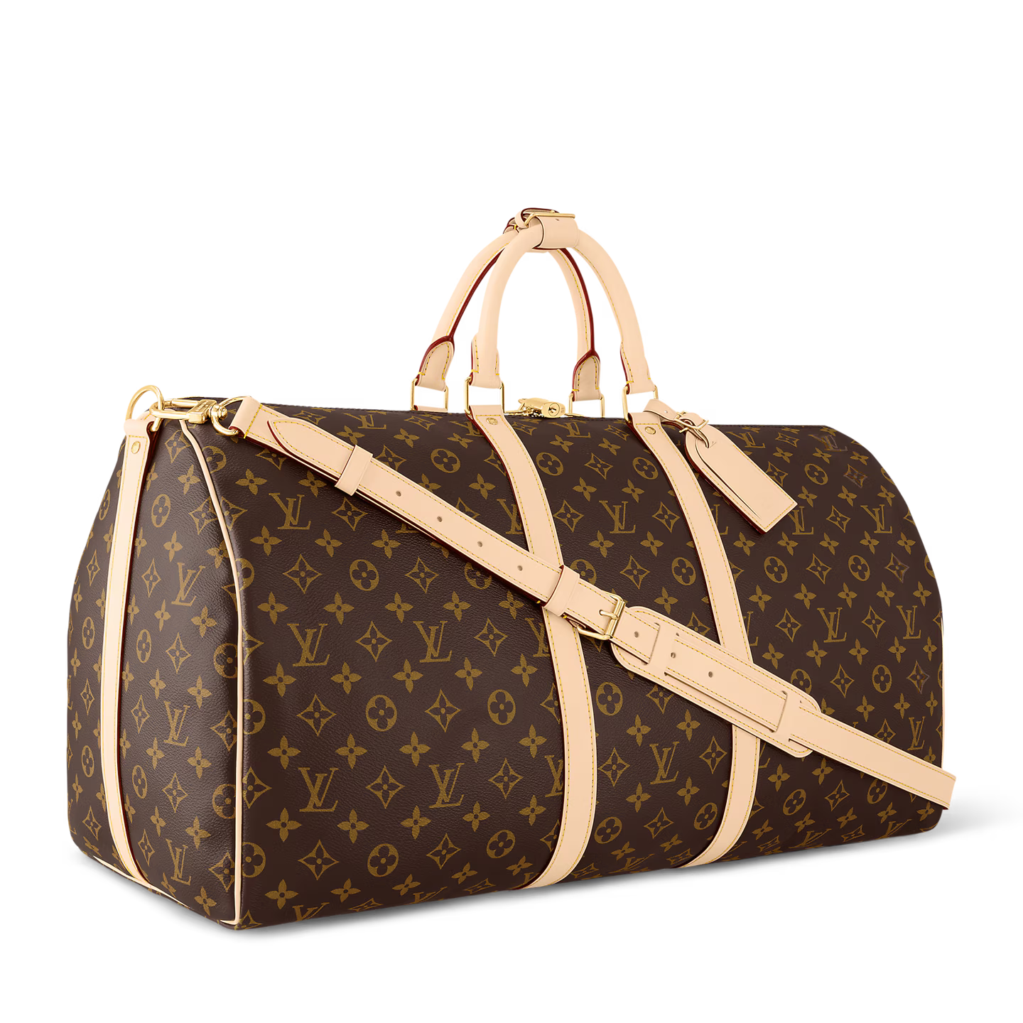 Louis Vuitton Keepall Bandoulière Monogram 55 Brown en toile Monogram marron avec garnitures en cuir naturel, poignées roulées, bandoulière réglable et amovible, fermeture zippée à double curseur et finitions métalliques.