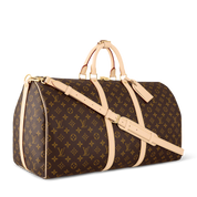 Louis Vuitton Keepall Bandoulière Monogram 55 Brown en toile Monogram marron avec garnitures en cuir naturel, poignées roulées, bandoulière réglable et amovible, fermeture zippée à double curseur et finitions métalliques.
