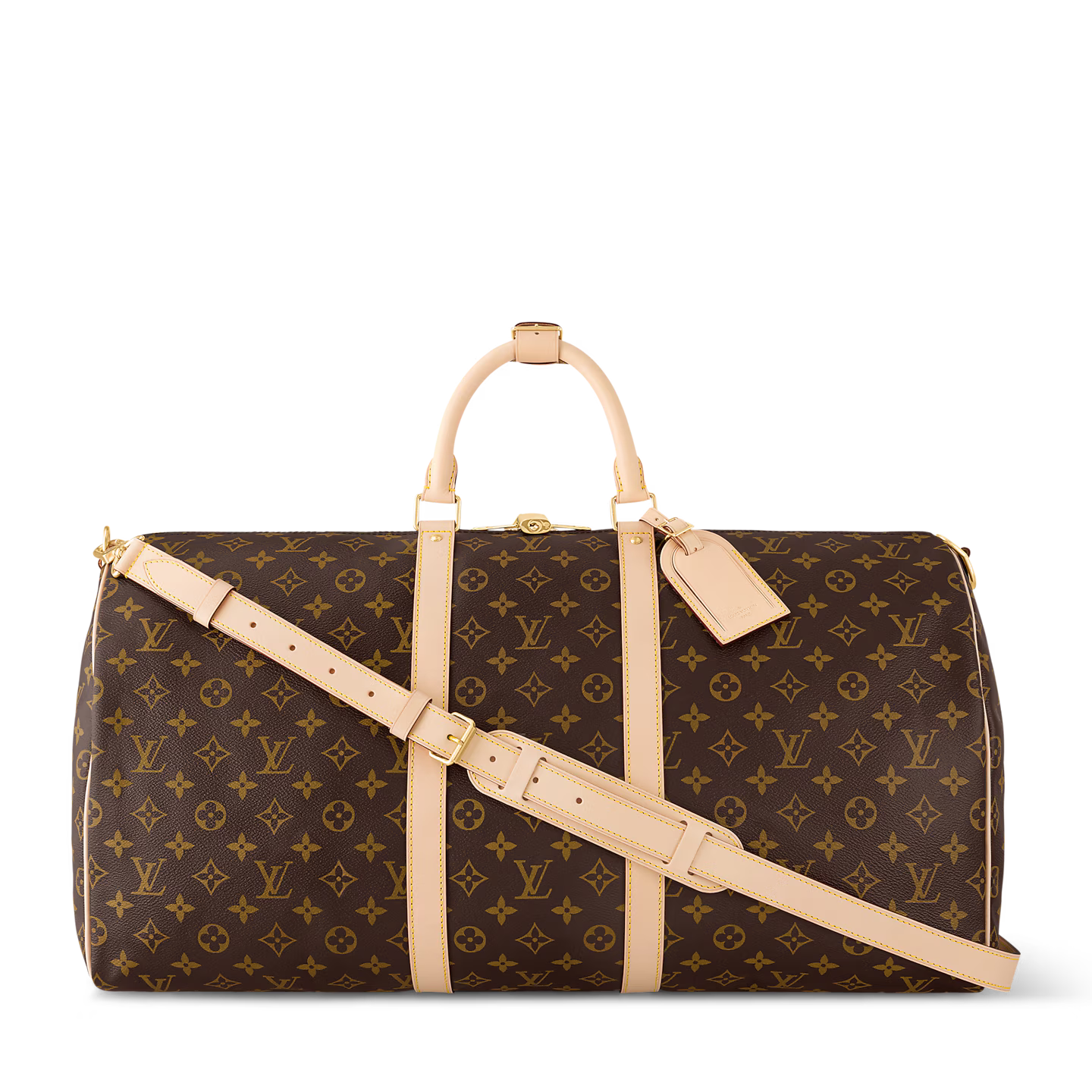 Louis Vuitton Keepall Bandoulière Monogram 55 Brown en toile Monogram marron avec garnitures en cuir naturel, poignées roulées, bandoulière réglable et amovible, fermeture zippée à double curseur et finitions métalliques.