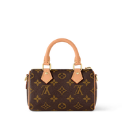 Louis Vuitton Nano Speedy Monogram Canvas Brown, mini sac marron en toile Monogram avec poignées en cuir et bandoulière ajustable.