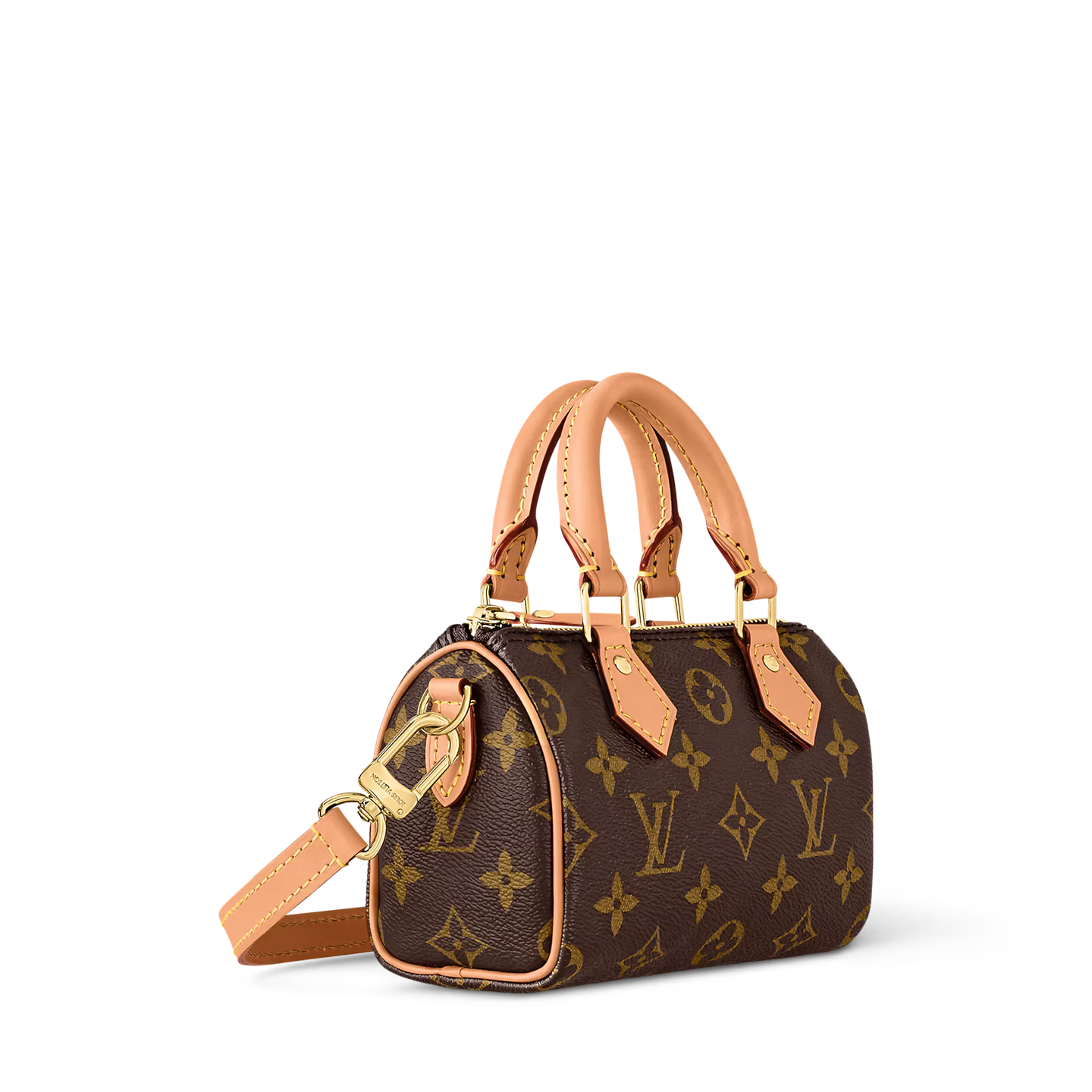 Louis Vuitton Nano Speedy Monogram Canvas Brown, mini sac marron en toile Monogram avec poignées en cuir et bandoulière ajustable.